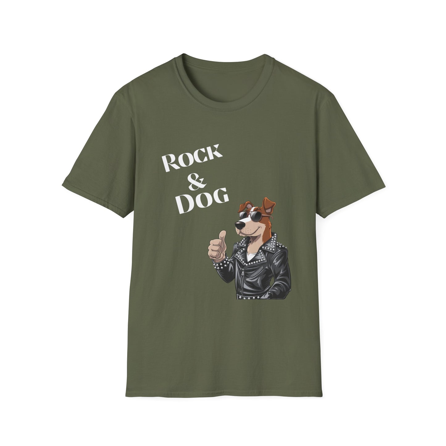Green t-shirt with a dog wearing a leather jacket graphic and 'Rock & Dog' text on a white background