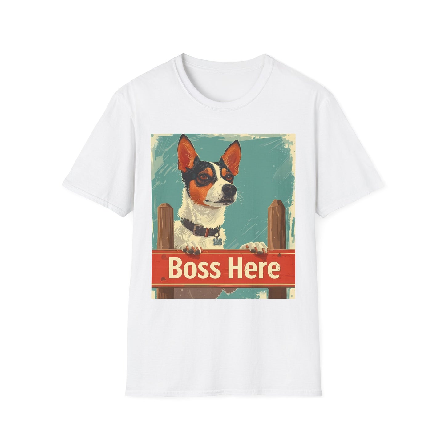 White t-shirt with a dog graphic and 'Boss Here' text on a white background