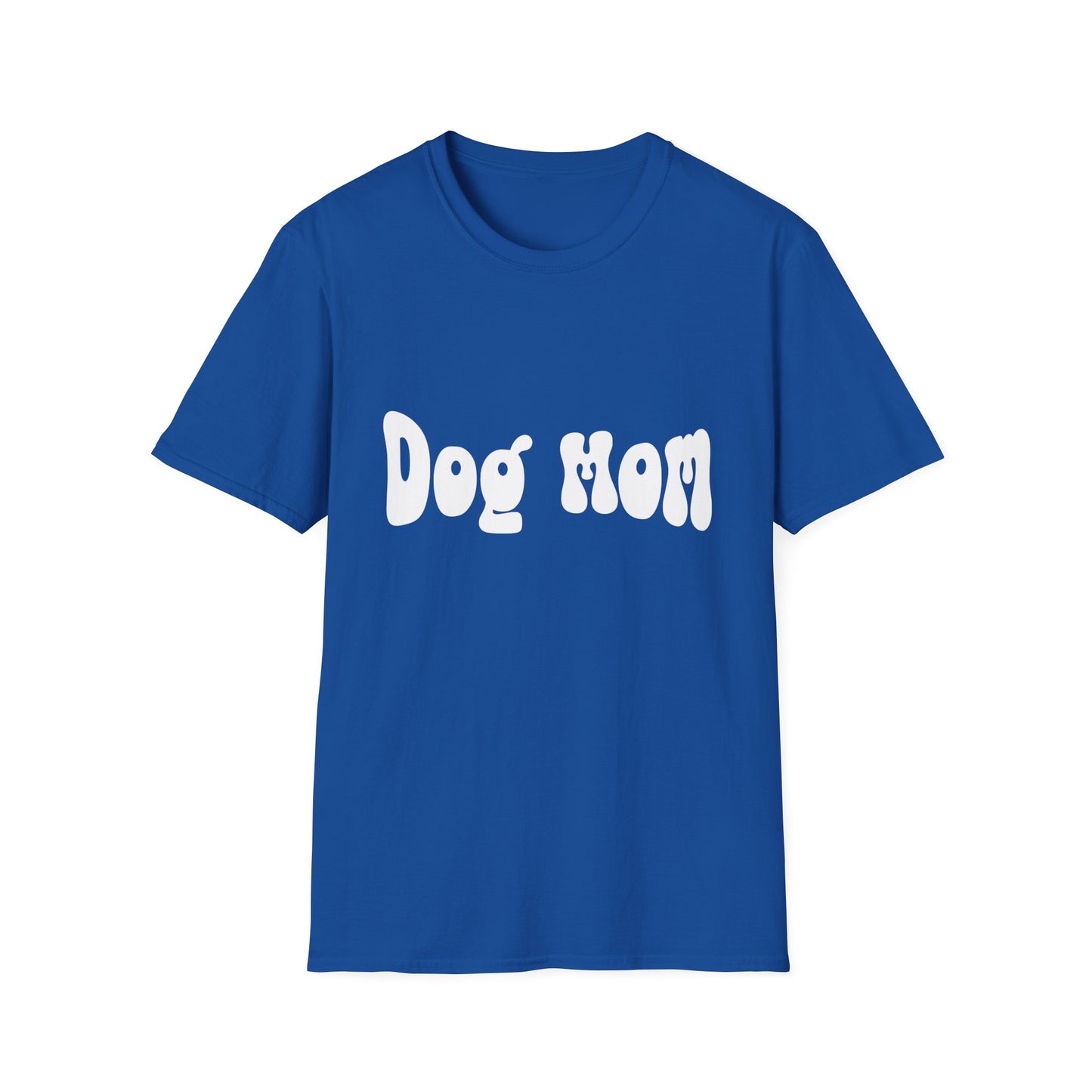 Blue t-shirt with 'Dog Mom' text on a white background