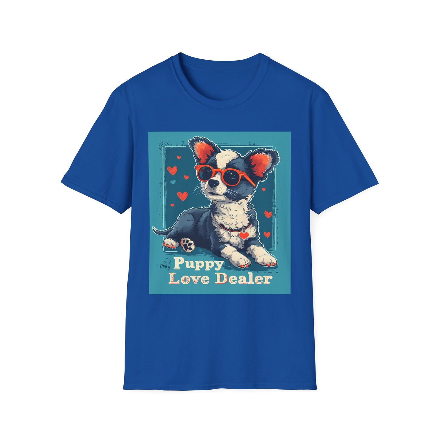 Blue t-shirt with a dog graphic and 'Puppy Love Dealer' text on a white background