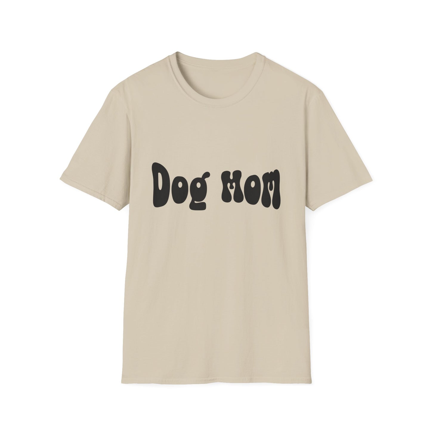 Beige t-shirt with 'Dog Mom' text on a white background