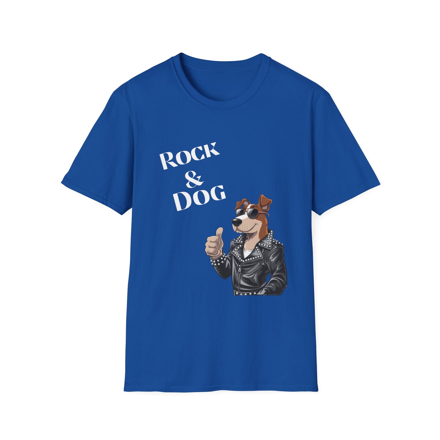 Blue t-shirt with a graphic of a dog in a leather jacket and 'Rock & Dog' text on a white background
