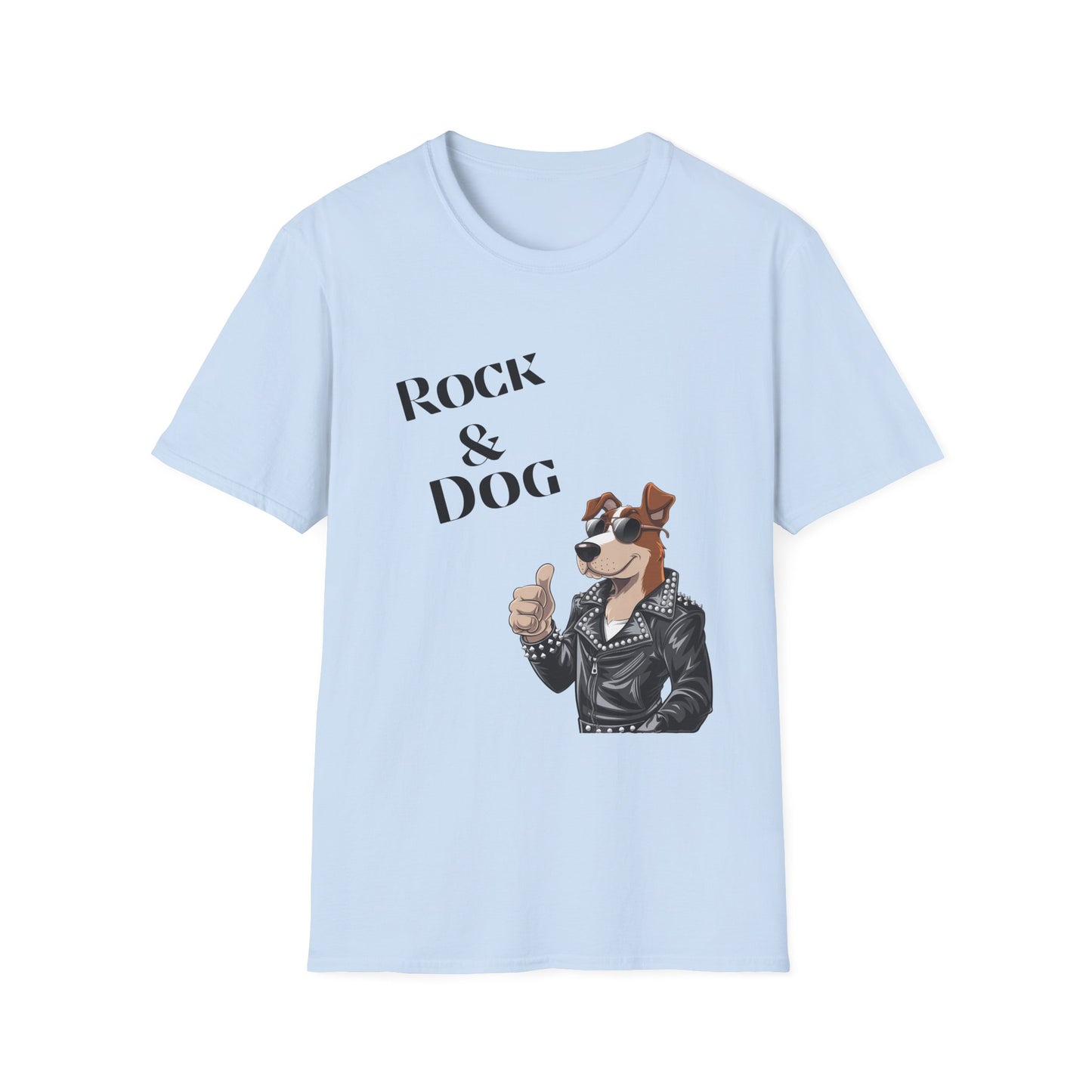 Light blue t-shirt with a graphic of a dog in a leather jacket and sunglasses, and the text 'Rock & Dog' on a white background.