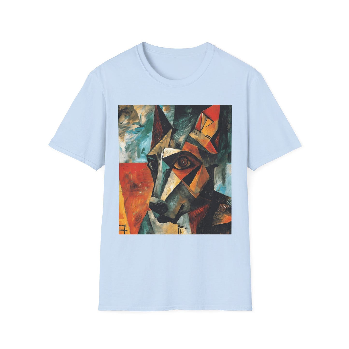 Light blue t-shirt with a colorful abstract dog painting on a white background