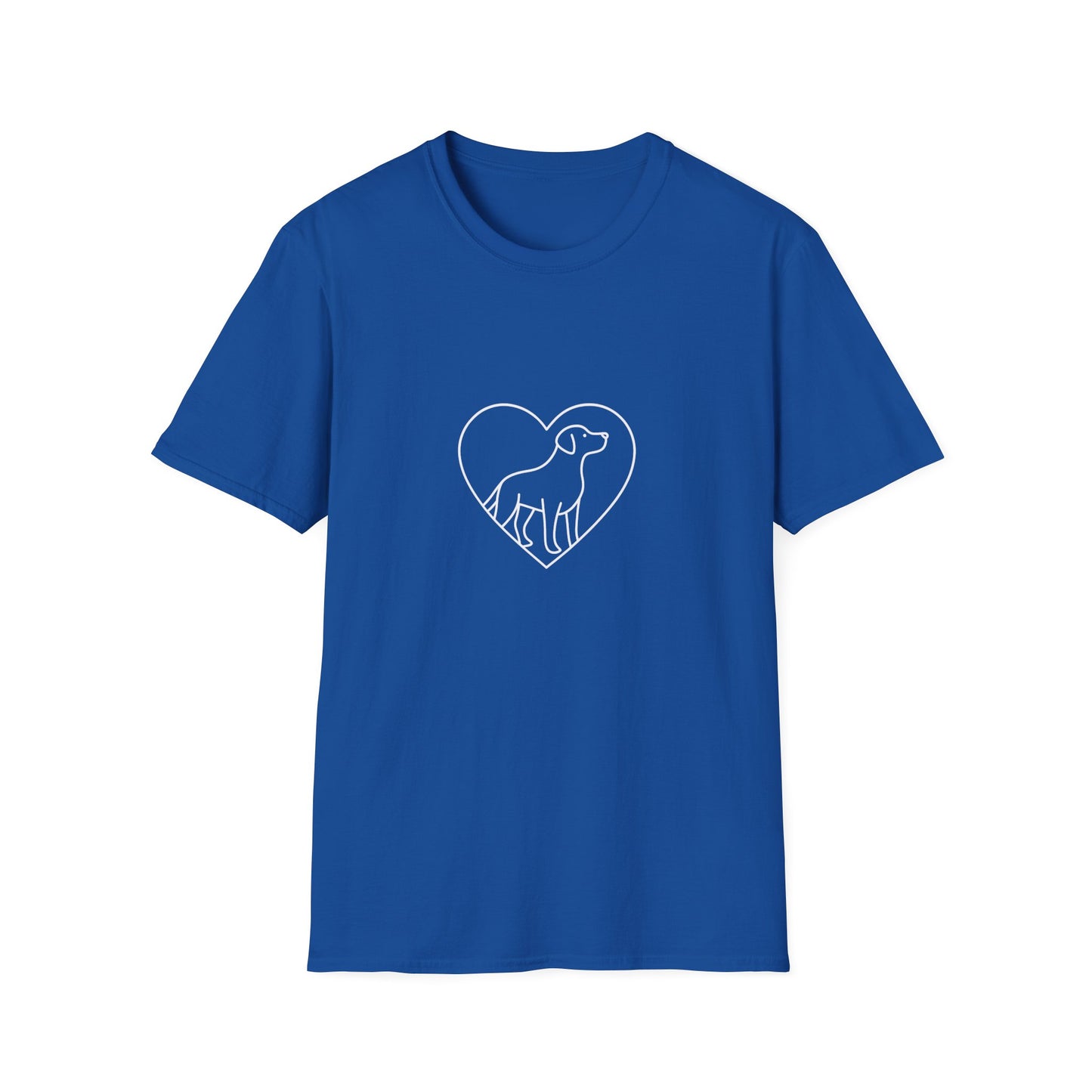 Blue t-shirt with a white heart-shaped dog design on a white background