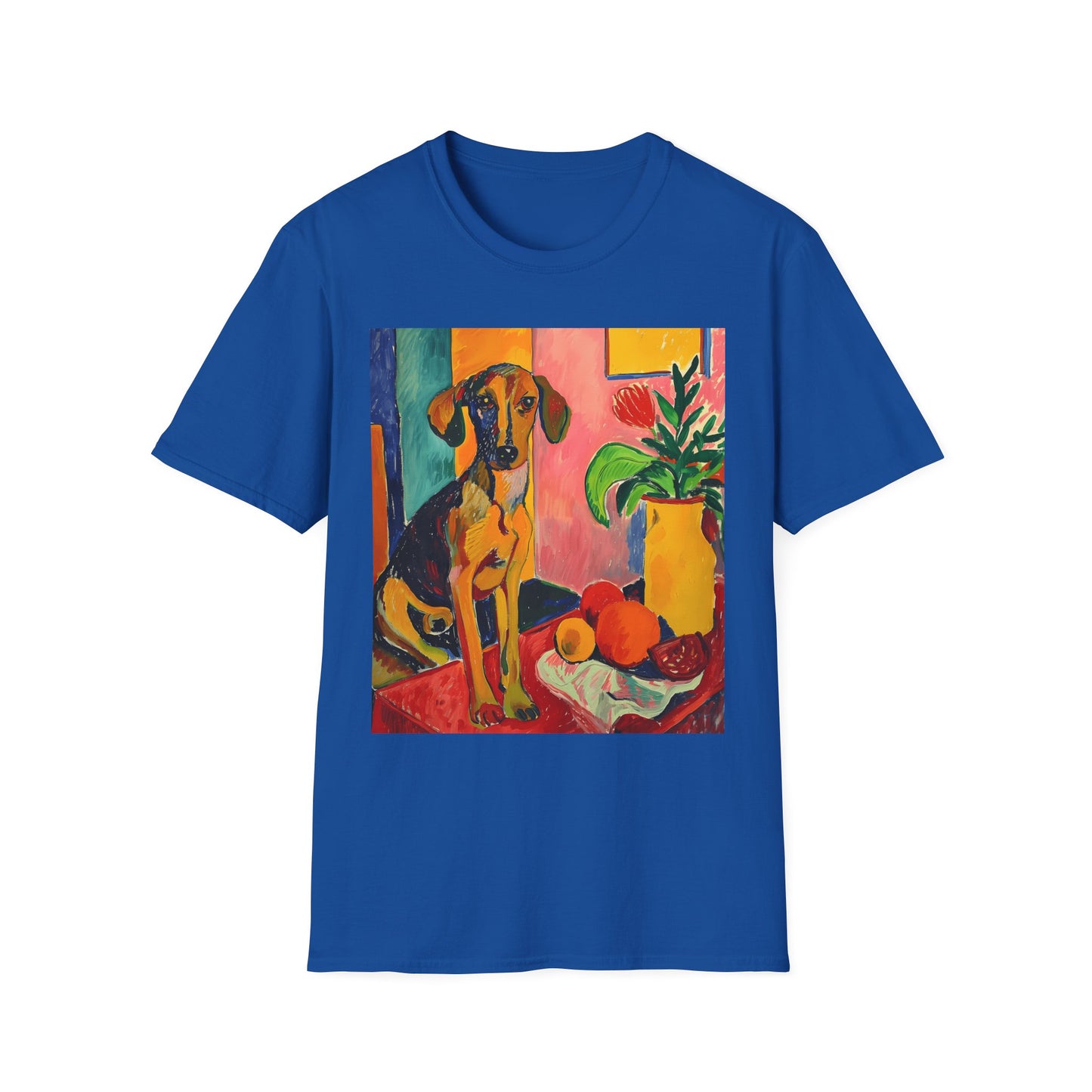 Blue t-shirt with a painting of a dog and still life on a white background