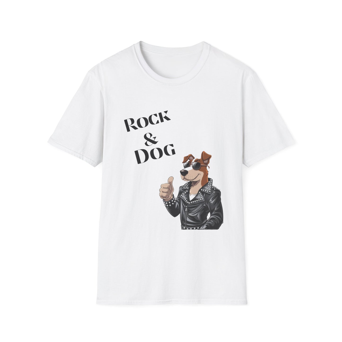 White t-shirt with a graphic of a dog wearing a leather jacket and the text 'Rock & Dog' on a white background.