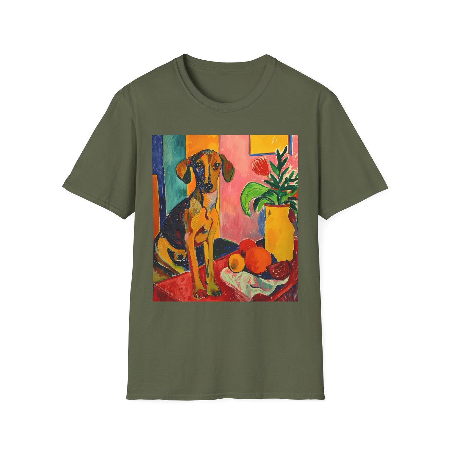 Green t-shirt with a dog and still life painting design on a white background