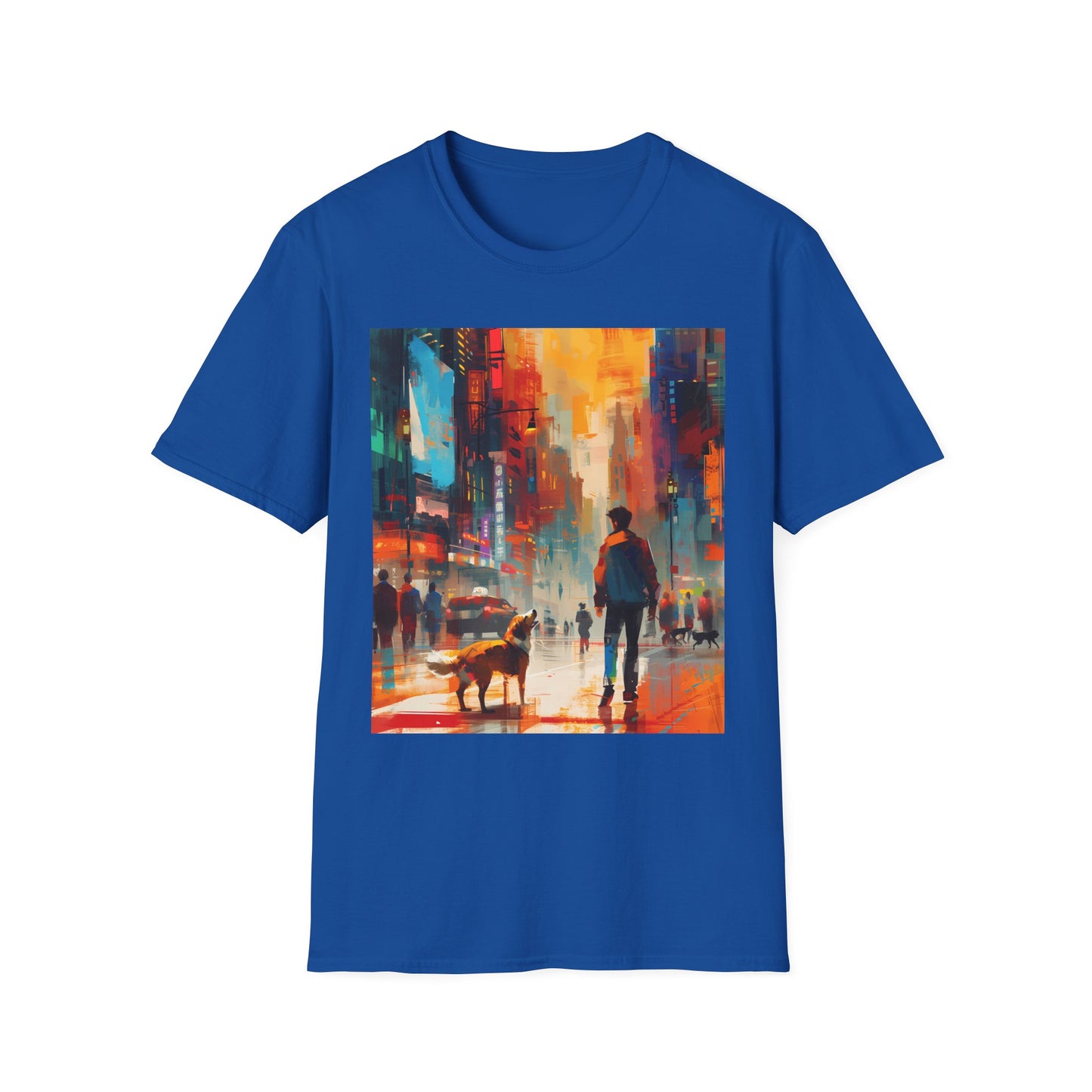 Blue t-shirt with a colorful graphic of a man and dog on a city street.