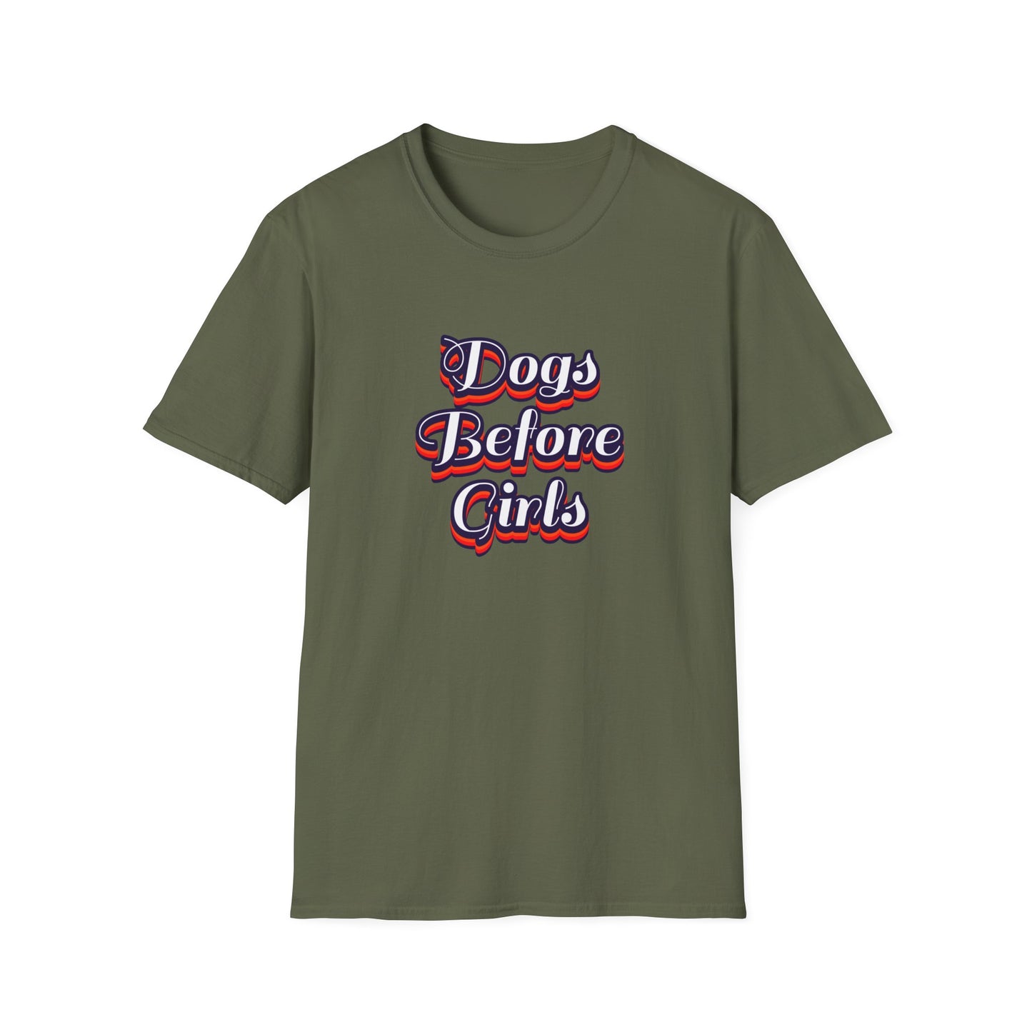 Green t-shirt with 'Dogs Before Girls' text on a white background