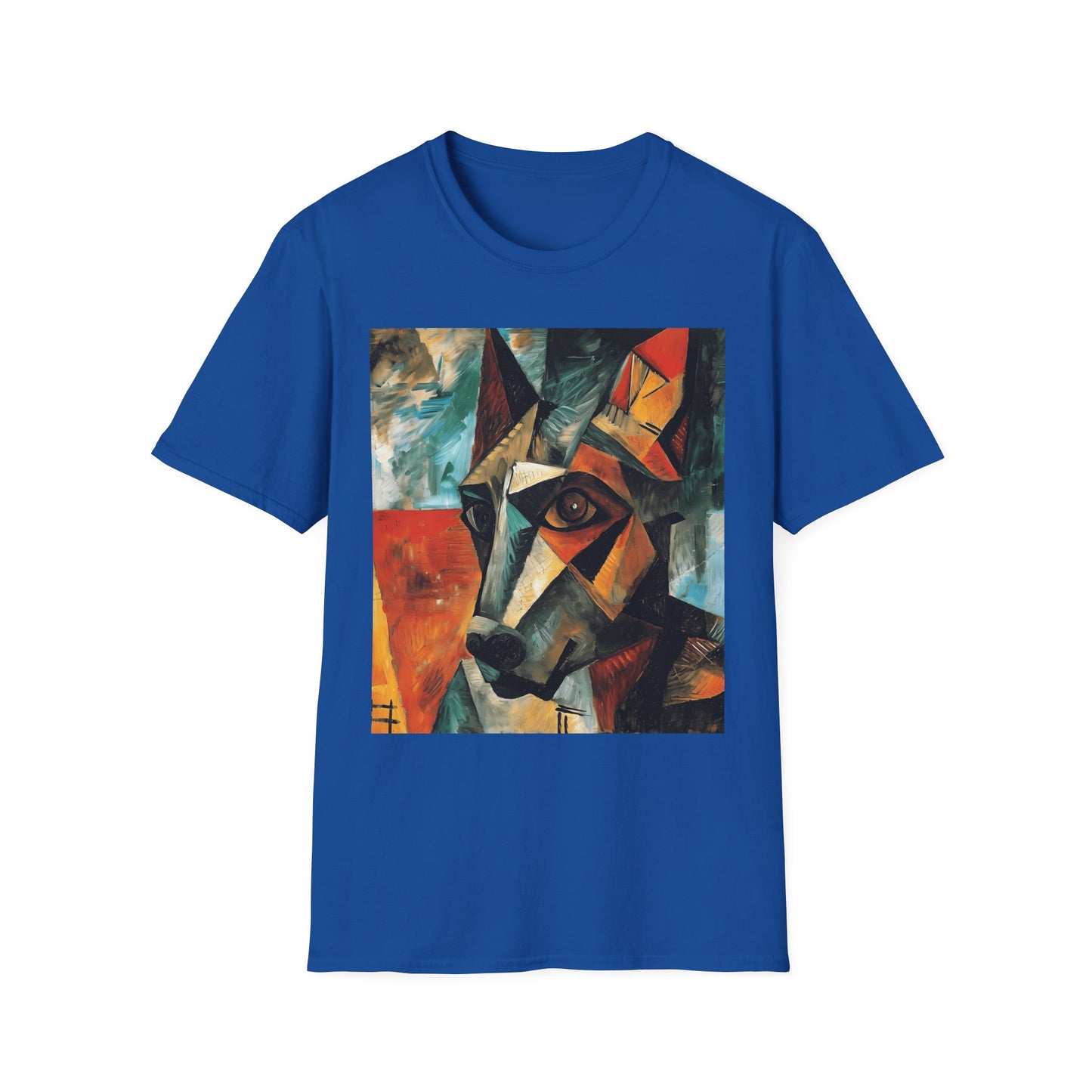 Blue t-shirt with a colorful abstract wolf design on a white background
