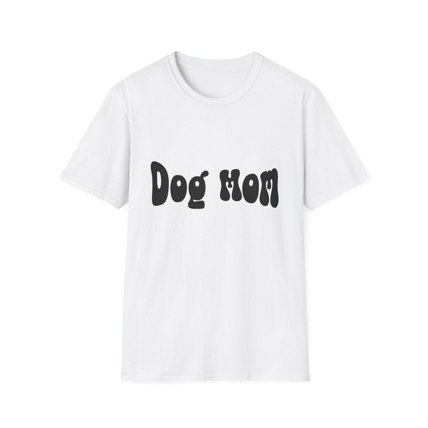White t-shirt with 'Dog Mom' text on a white background