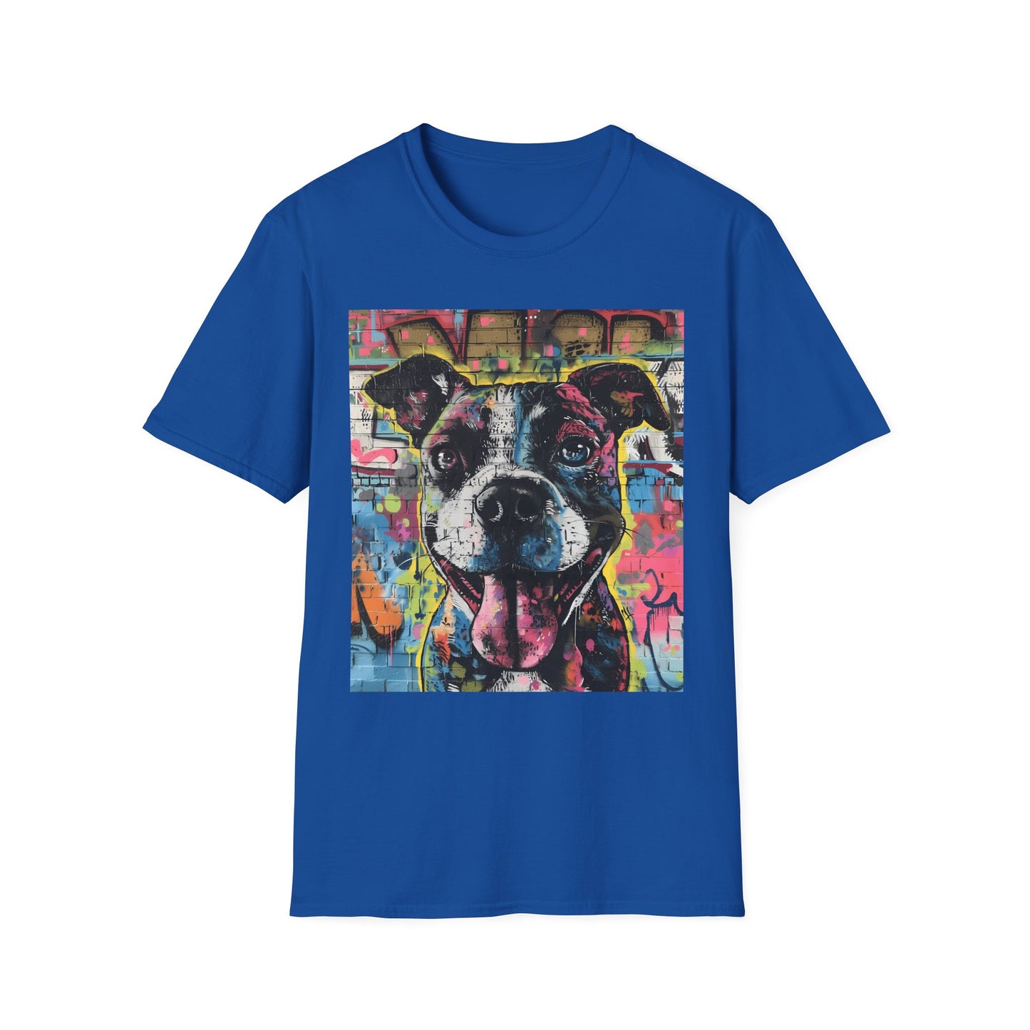 Blue t-shirt with a colorful dog graphic on a white background