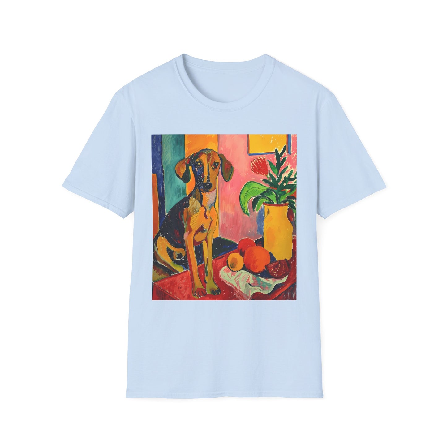 Light blue t-shirt with a dog painting on a white background