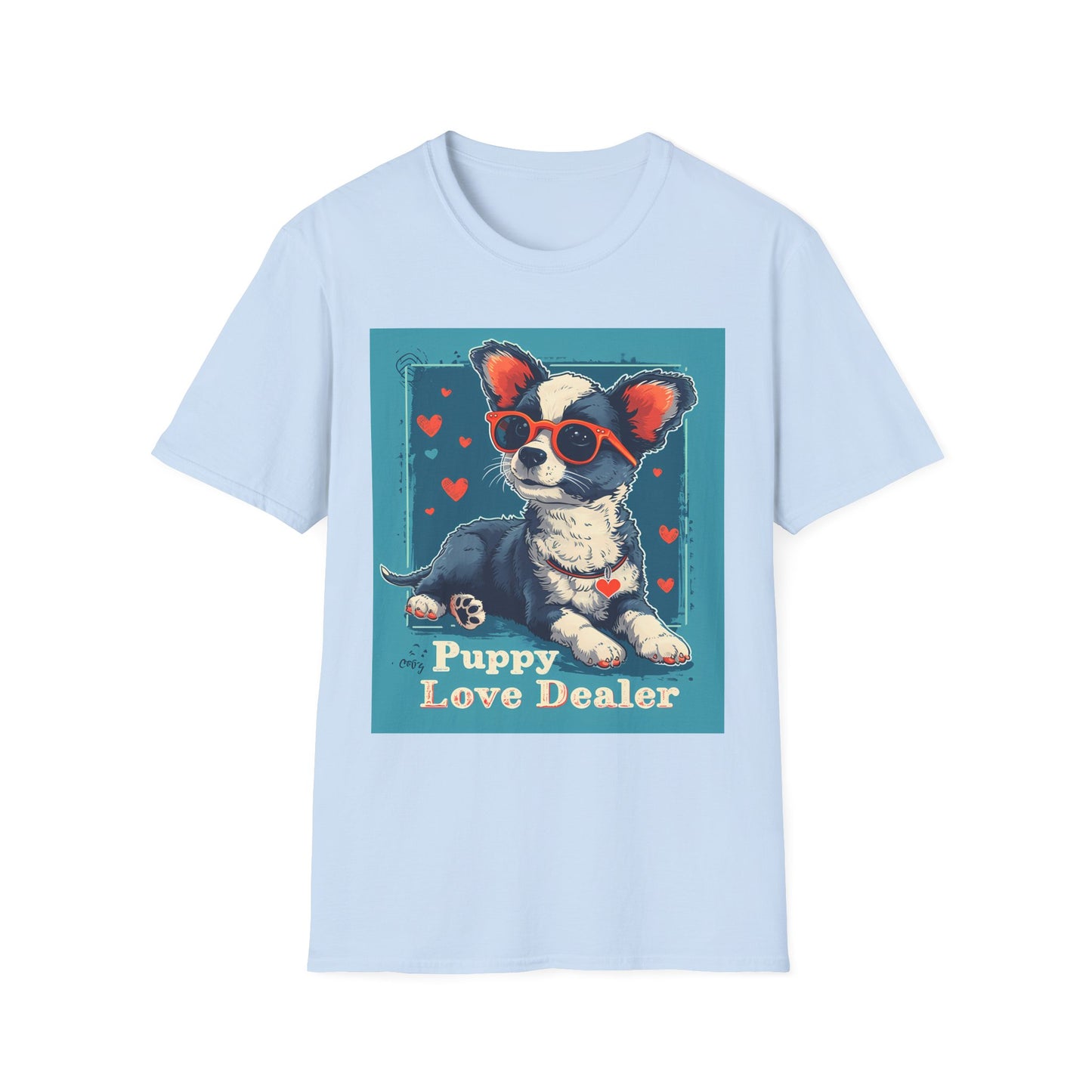 Light blue t-shirt with a dog graphic and 'Puppy Love Dealer' text on a white background