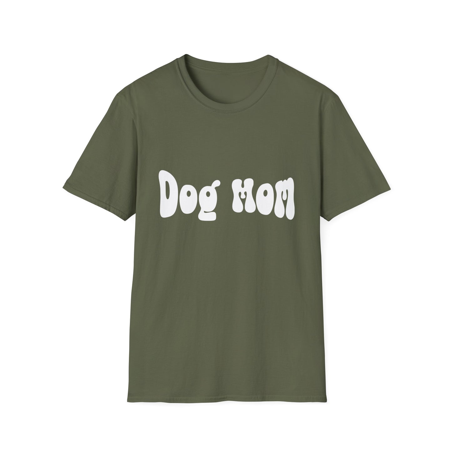 Green t-shirt with 'Dog Mom' text on a white background