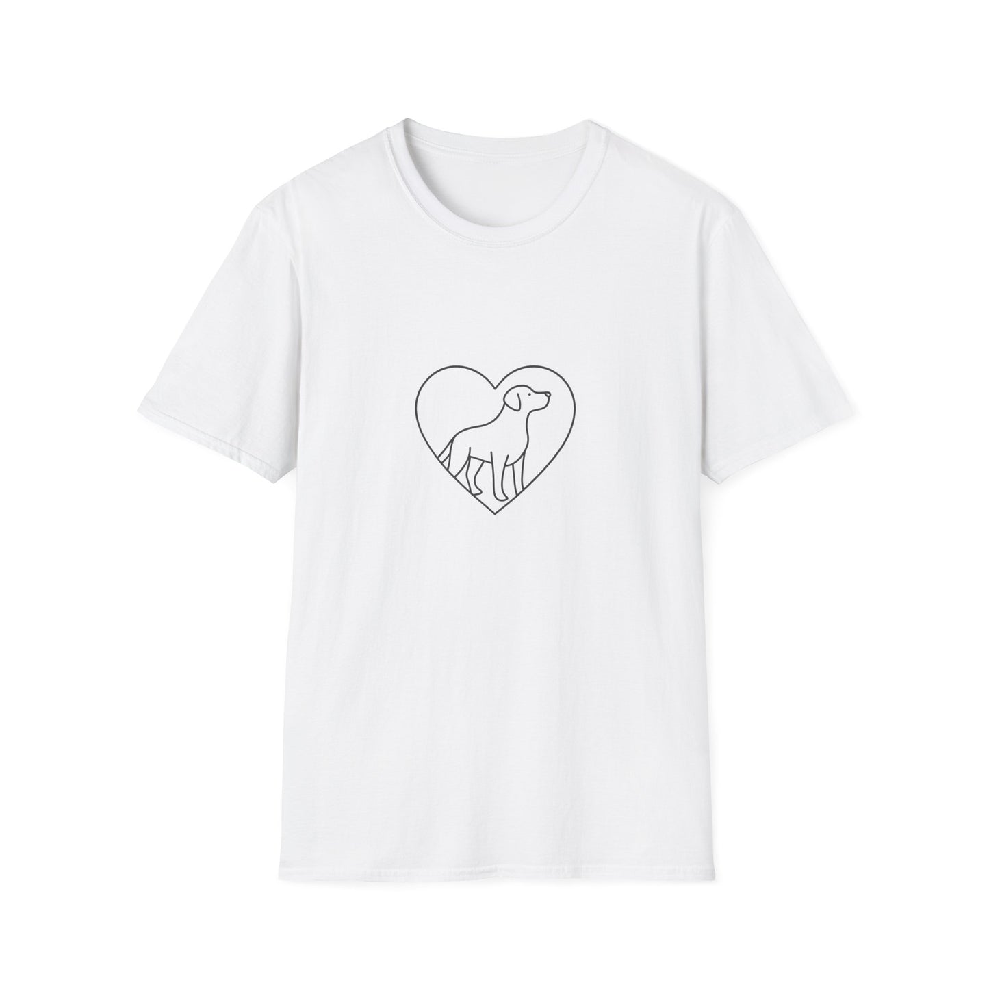 White t-shirt with a black heart-shaped dog design on a white background