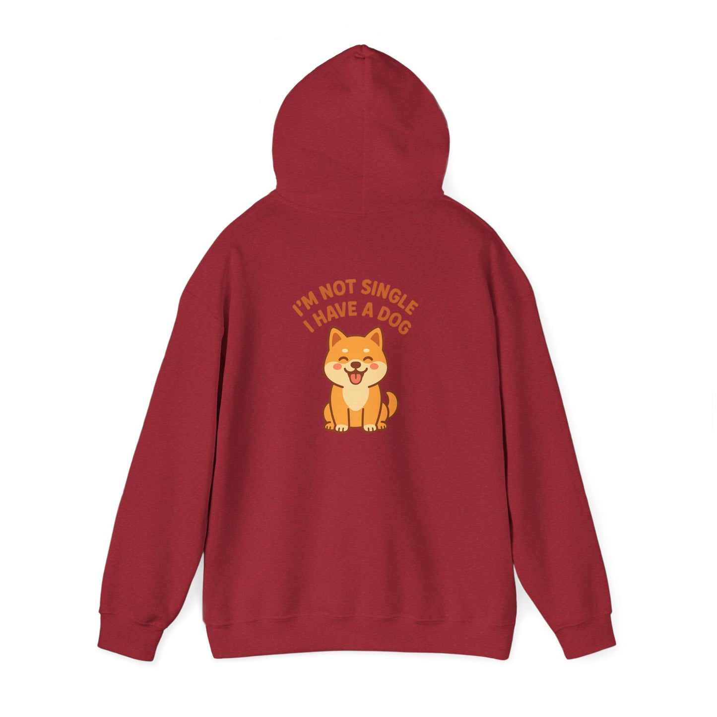 Red hoodie with a dog graphic and text on the back against a white background