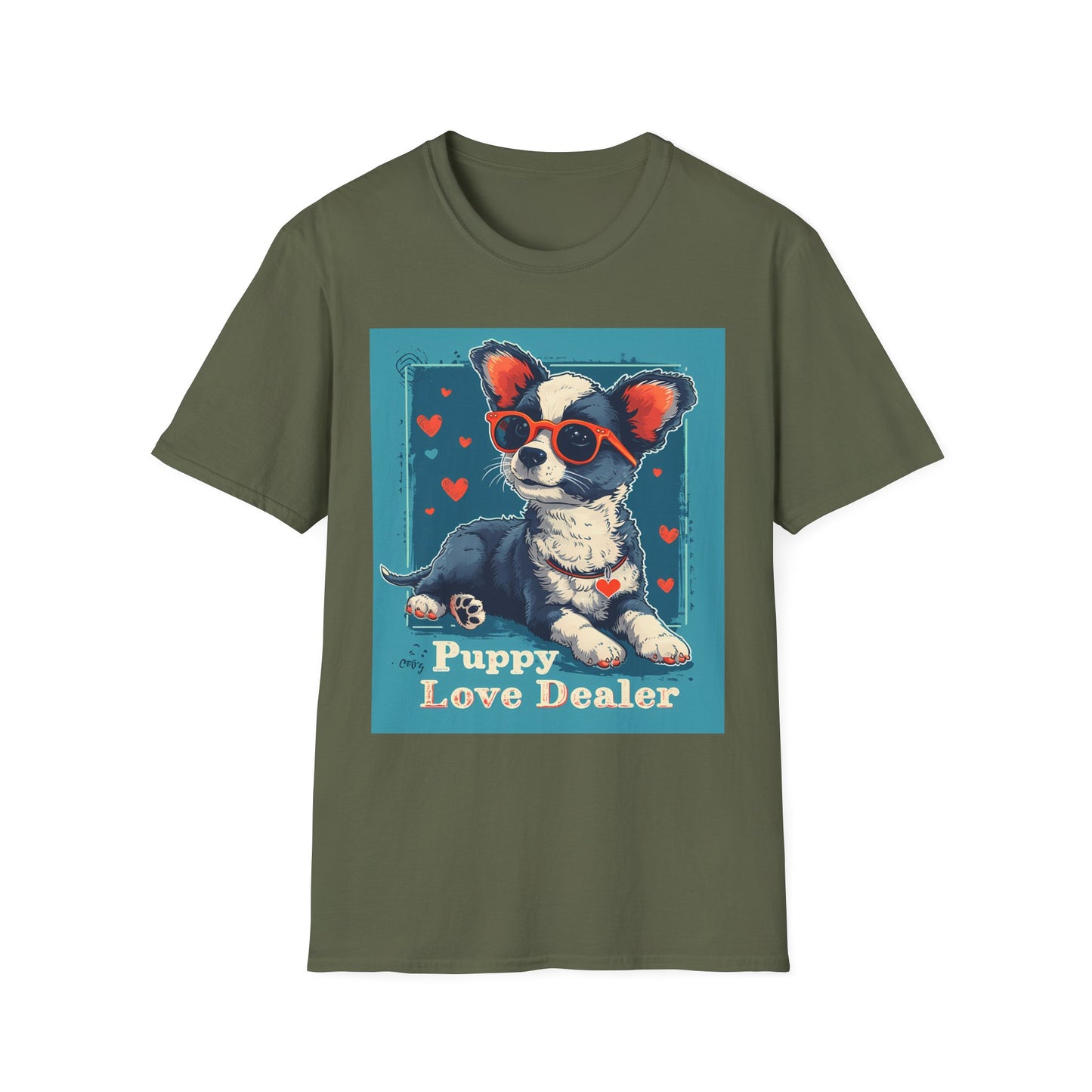 Green t-shirt with a dog graphic and 'Puppy Love Dealer' text on a white background