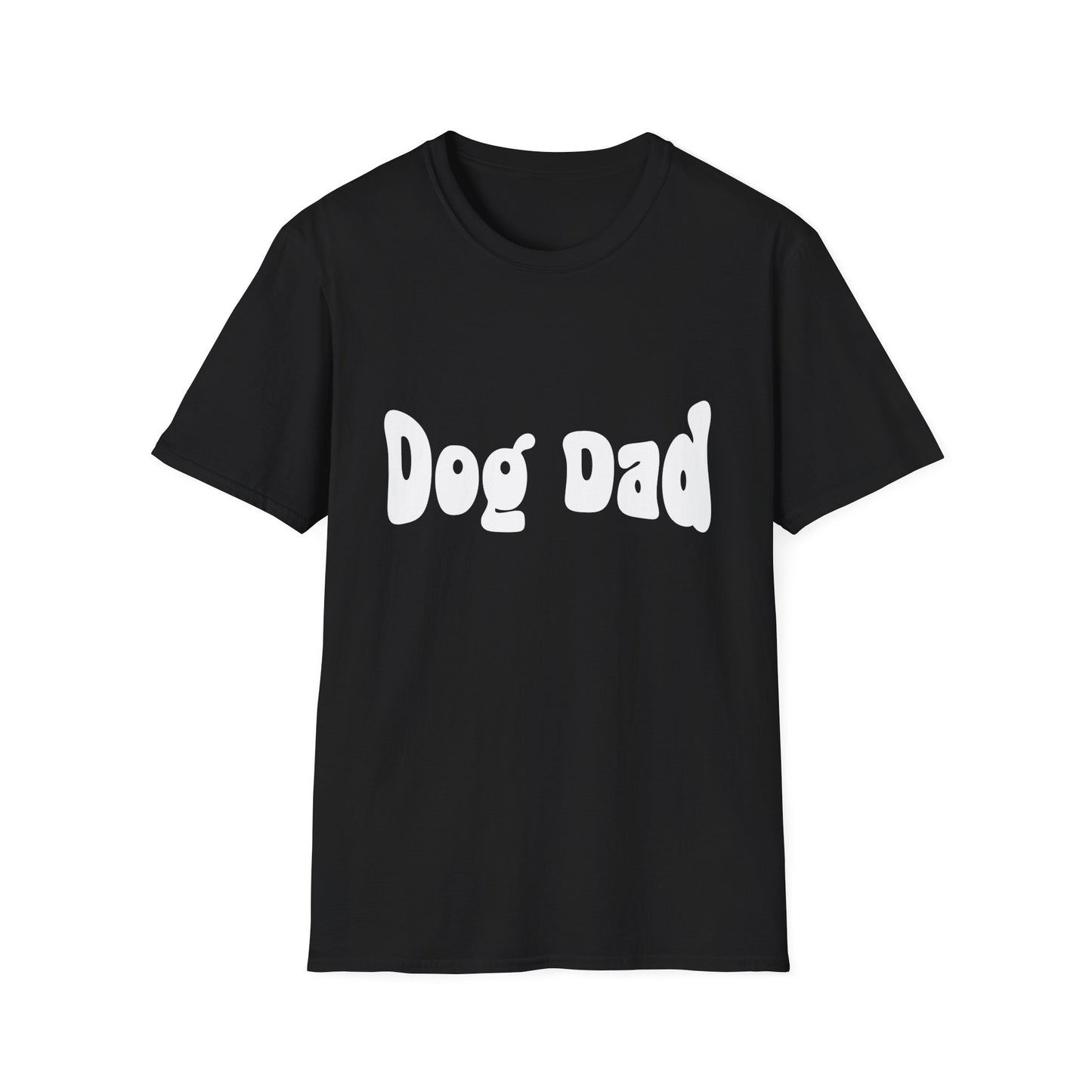 Black t-shirt with 'Dog Dad' text on a white background