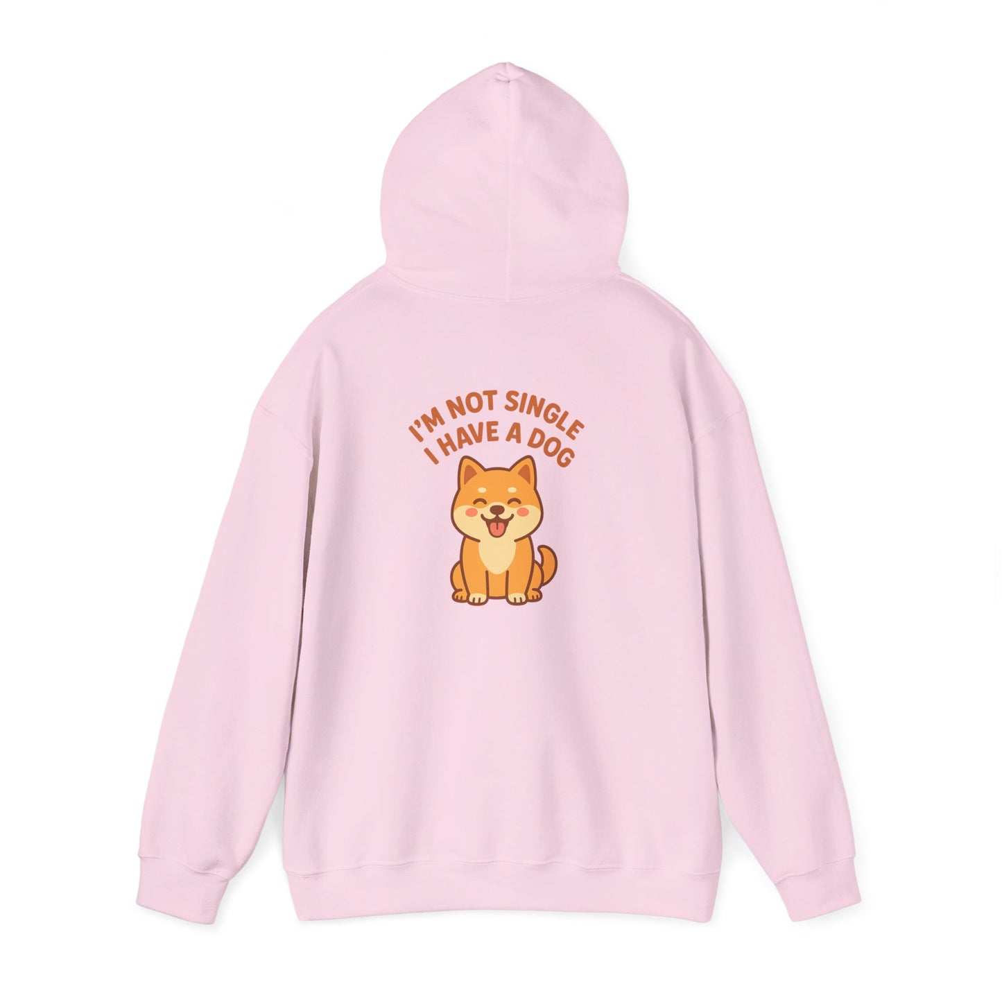 Pink hoodie with a dog graphic and text on a white background