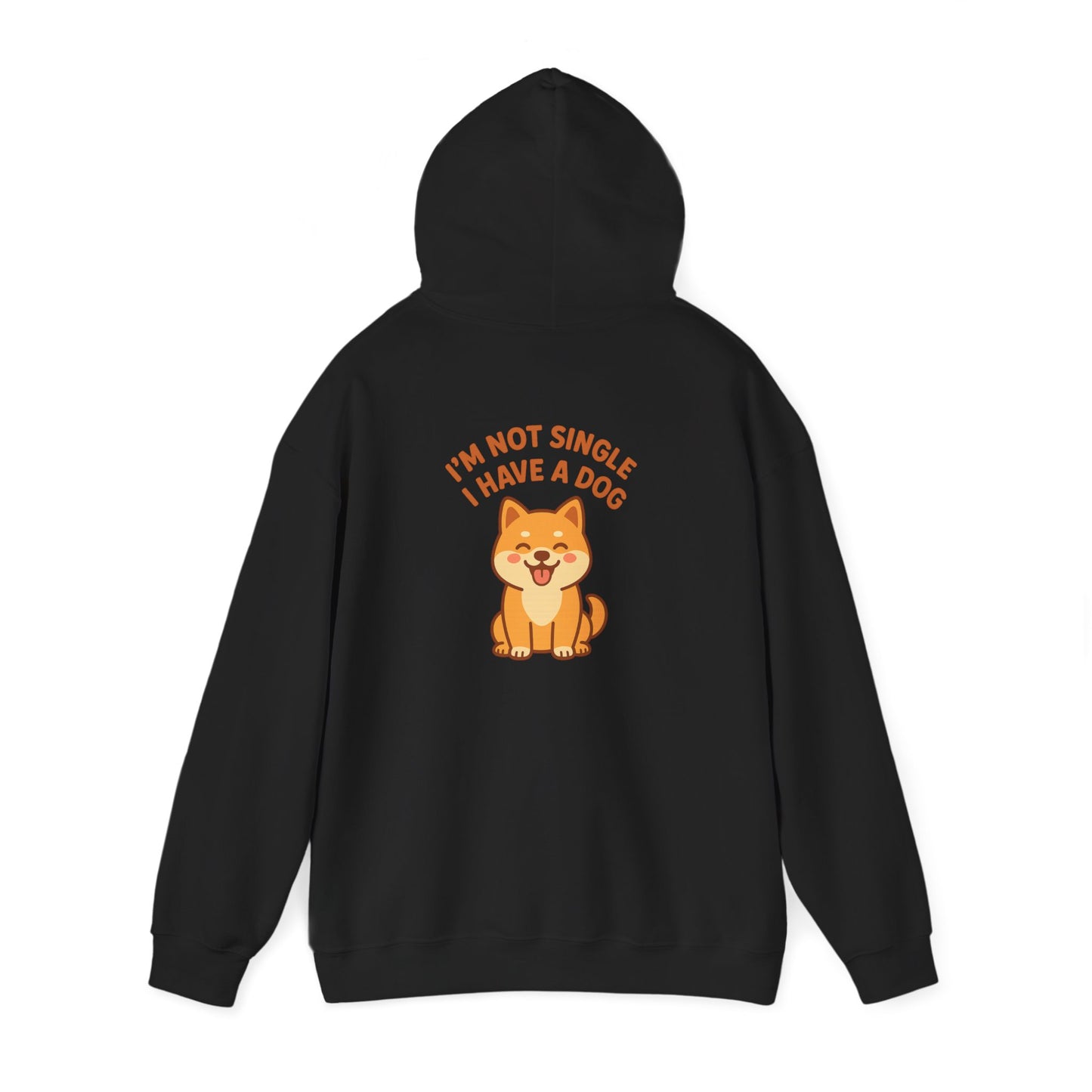 Black hoodie with a dog graphic and text on the back against a white background