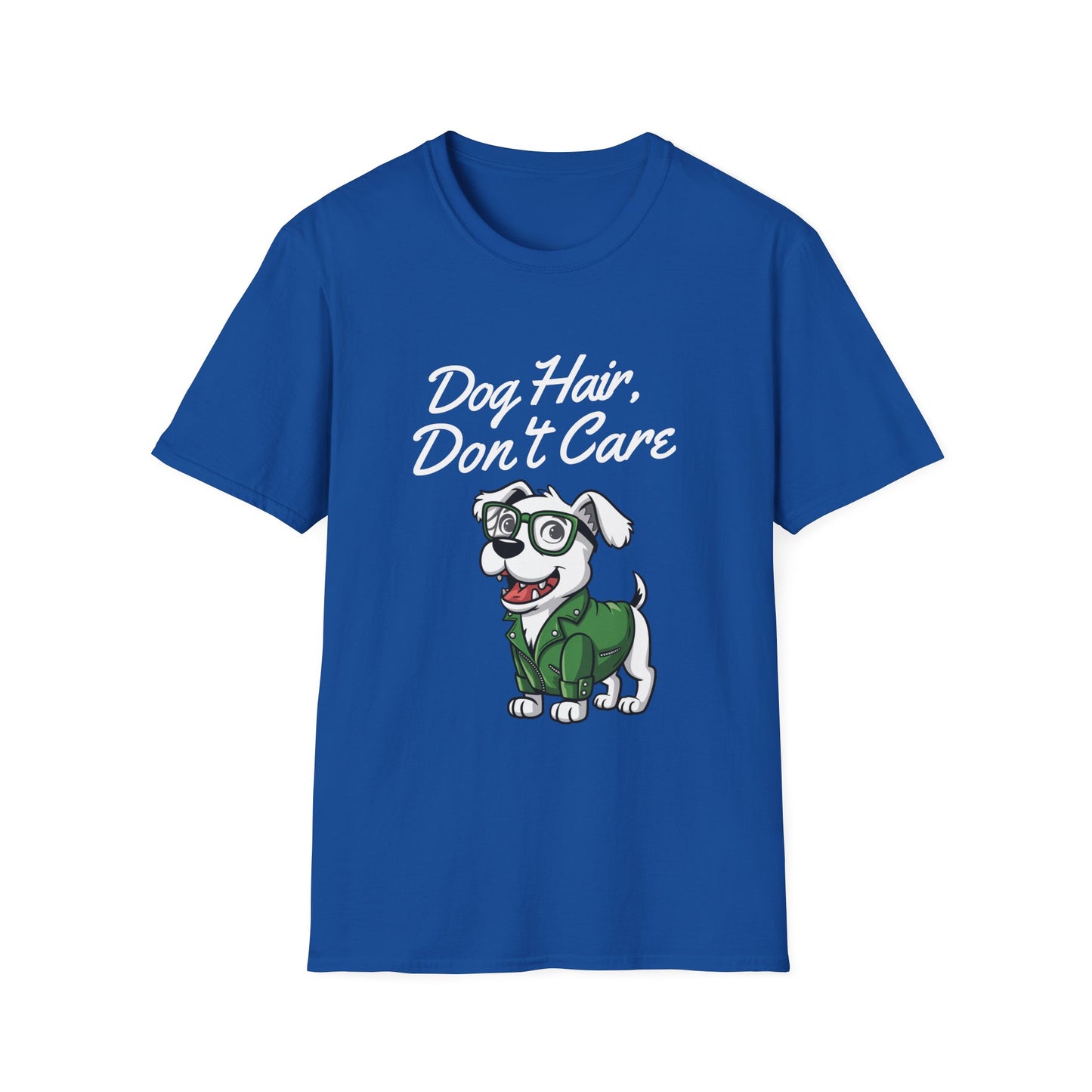 Blue t-shirt with a cartoon dog and 'Dog Hair, Don't Care' text on a white background