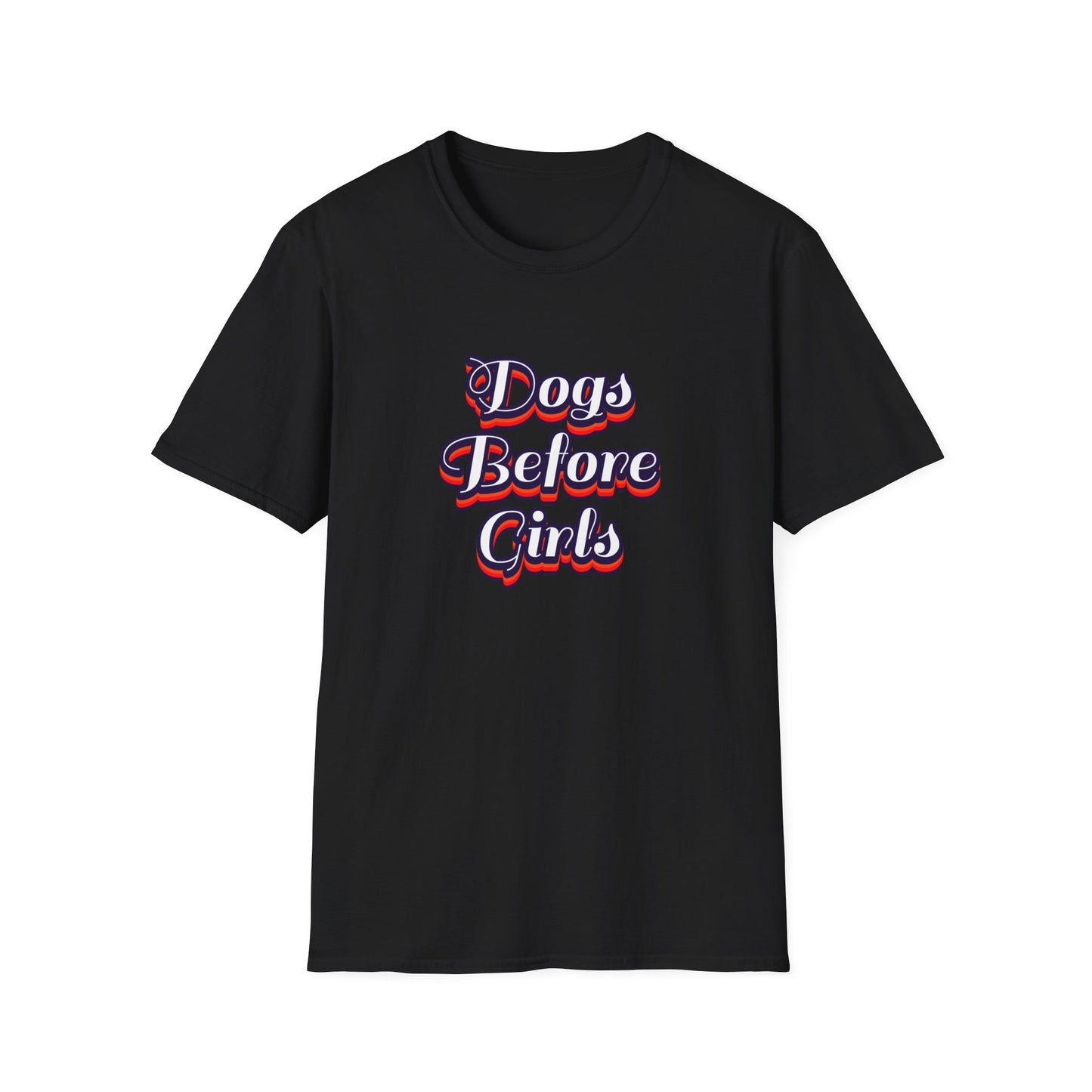 Black t-shirt with 'Dogs Before Girls' text on a white background