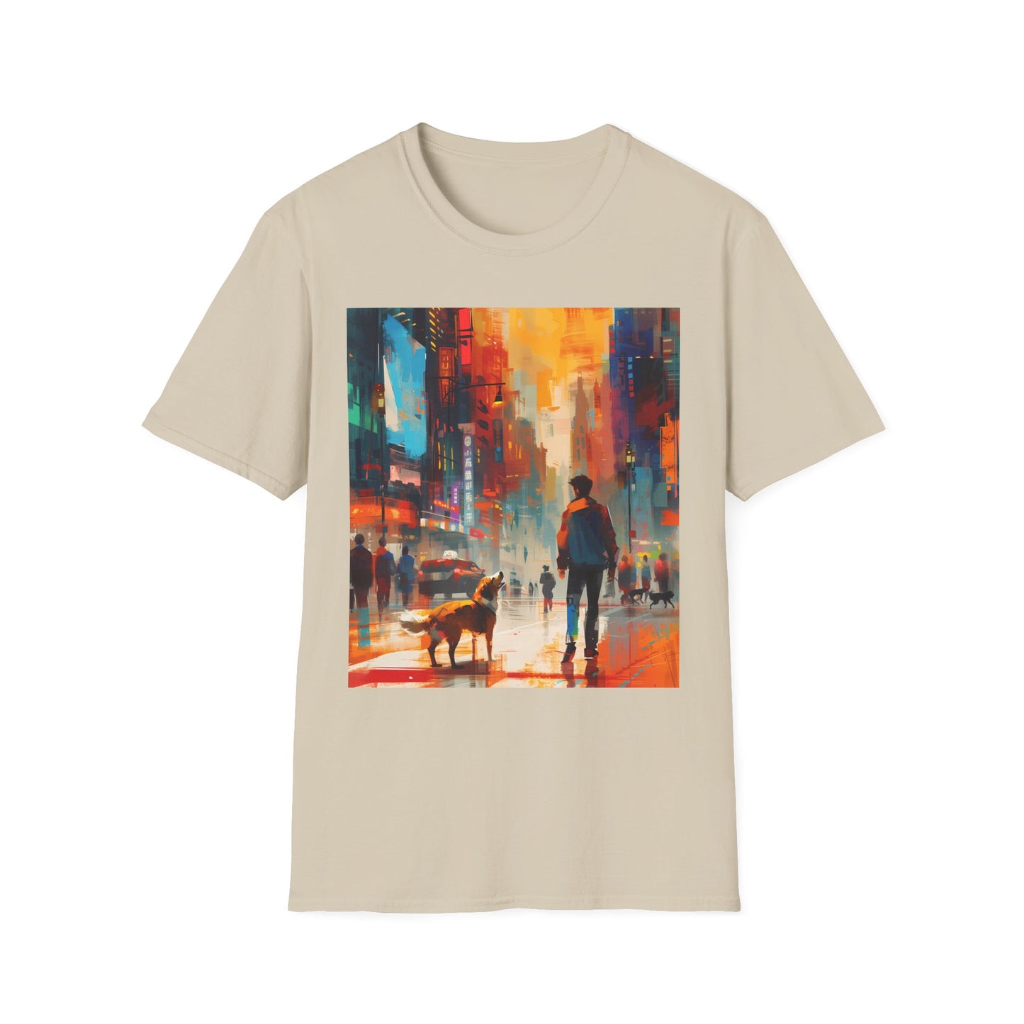 Beige t-shirt with a colorful cityscape graphic featuring a person and dog on a street.