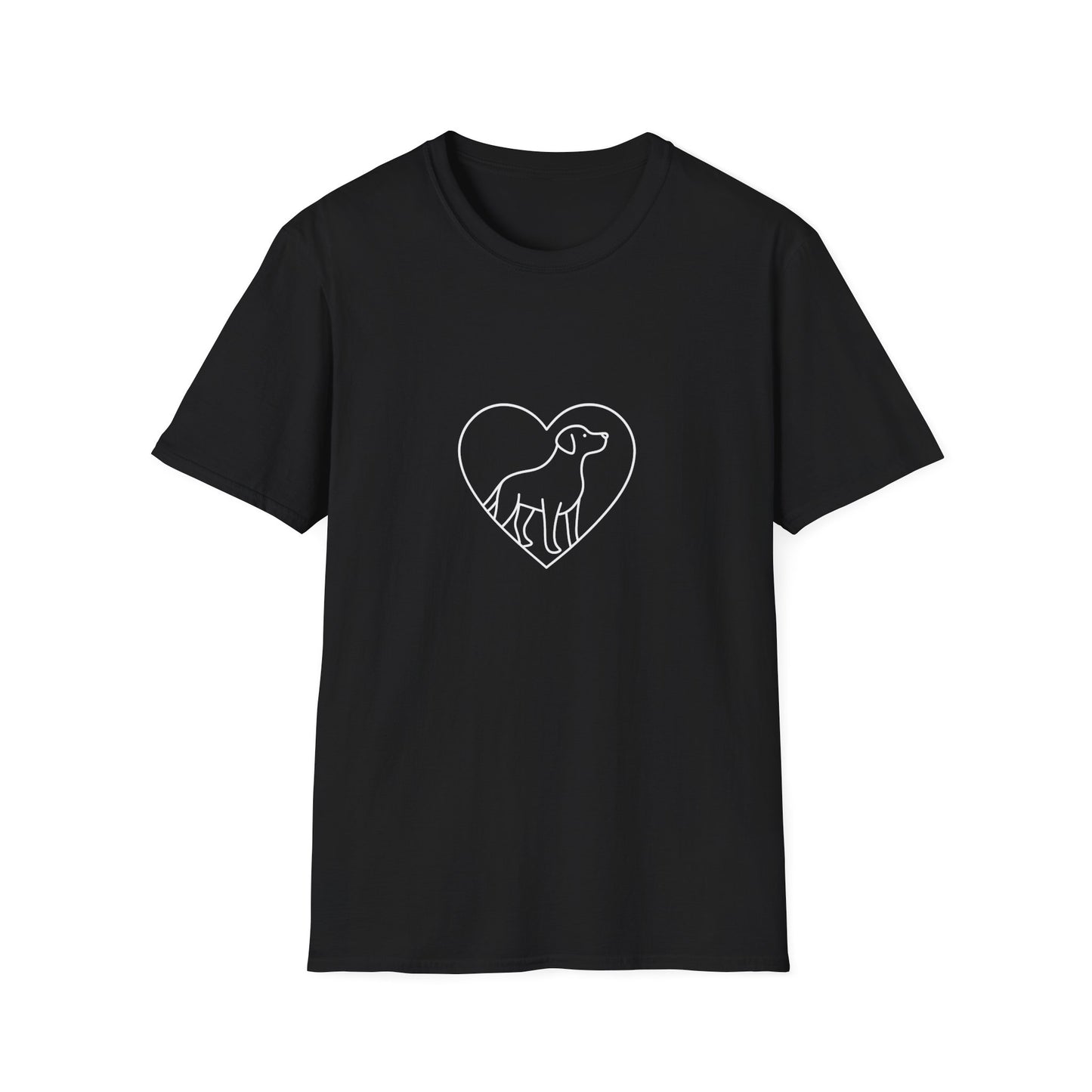 Black t-shirt with a white heart-shaped dog design on a white background
