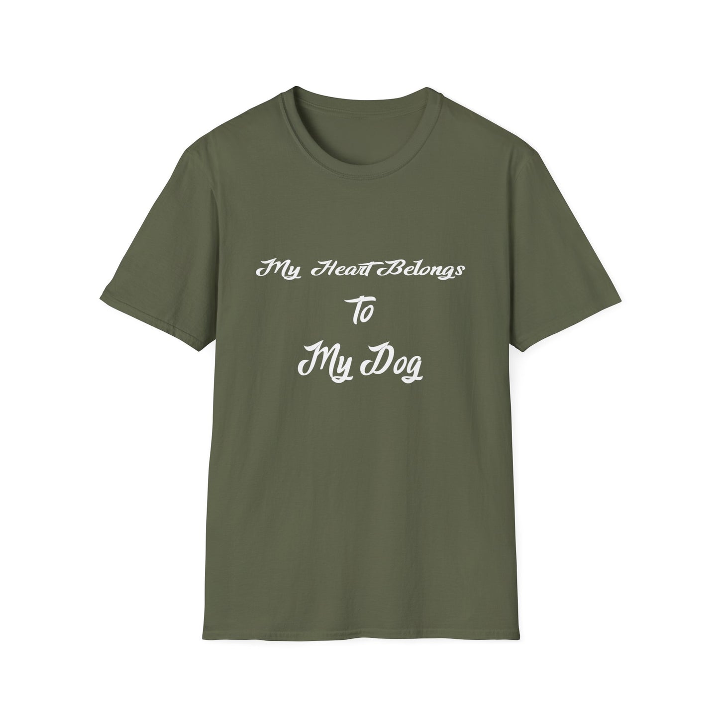 Green t-shirt with 'My Heart Belongs To My Dog' text on a white background