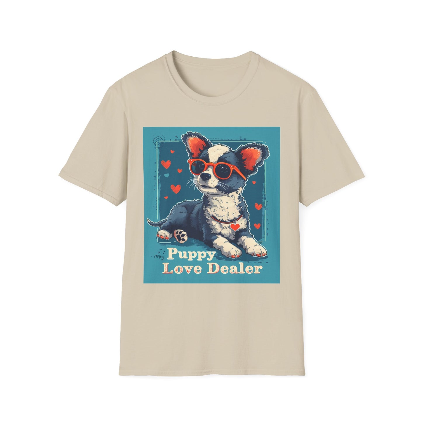 Beige t-shirt with a graphic of a dog wearing sunglasses and 'Puppy Love Dealer' text on a blue background.