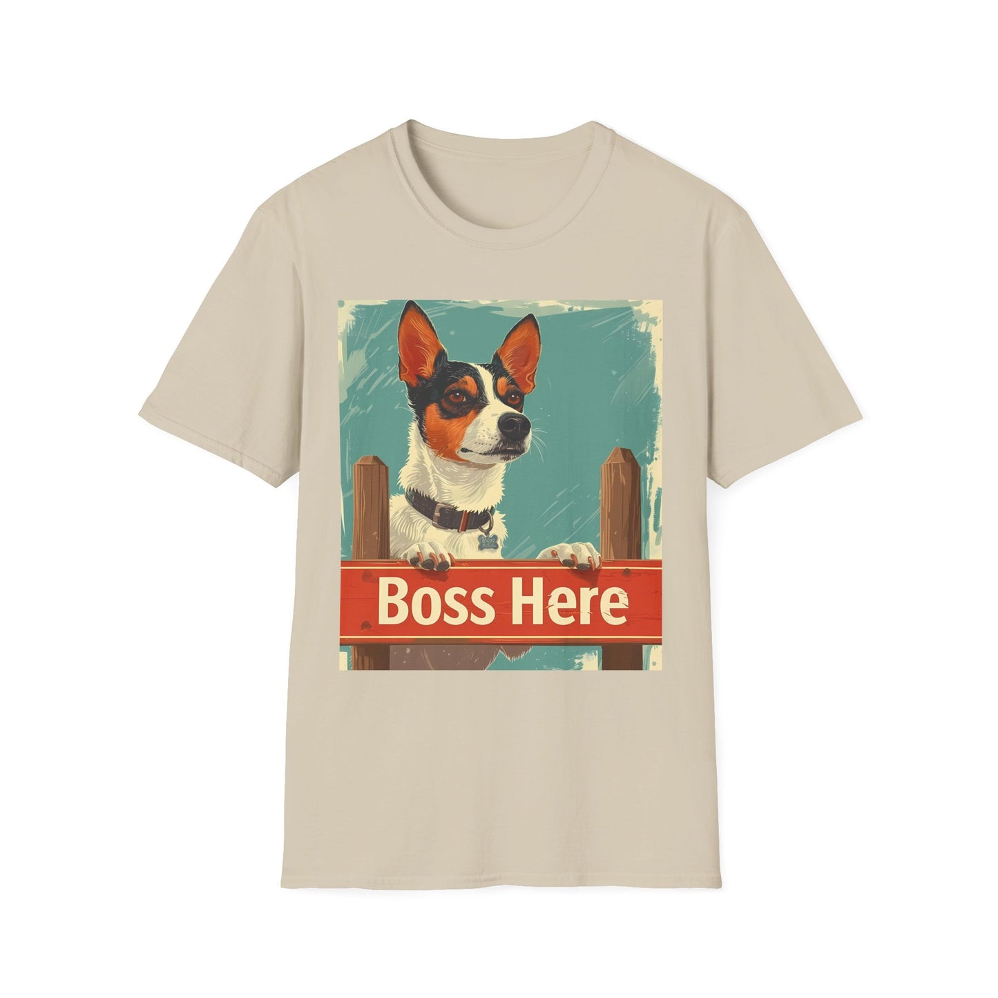 Beige t-shirt with a dog graphic and 'Boss Here' text on a white background