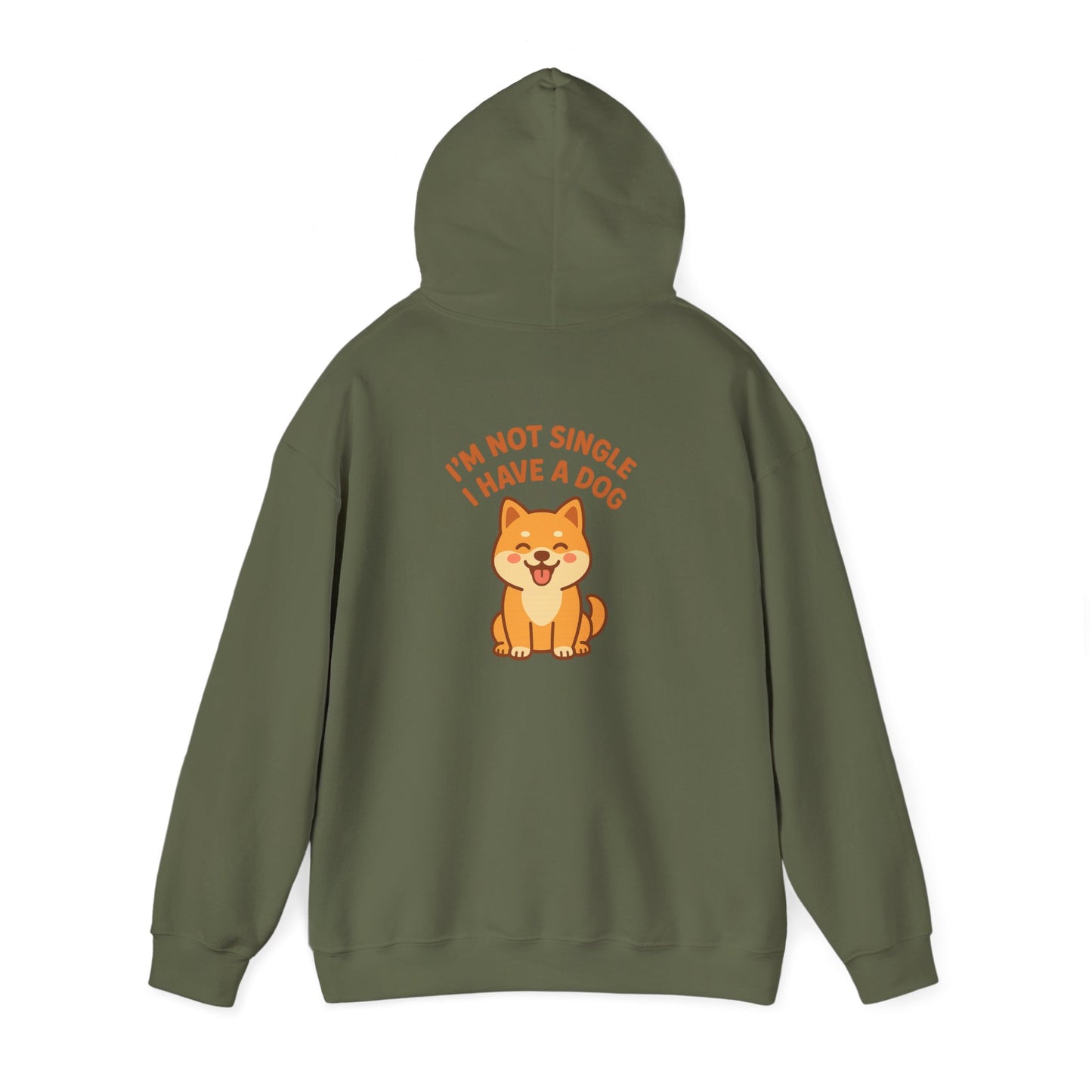 Green hoodie with a dog graphic and text on the back against a white background