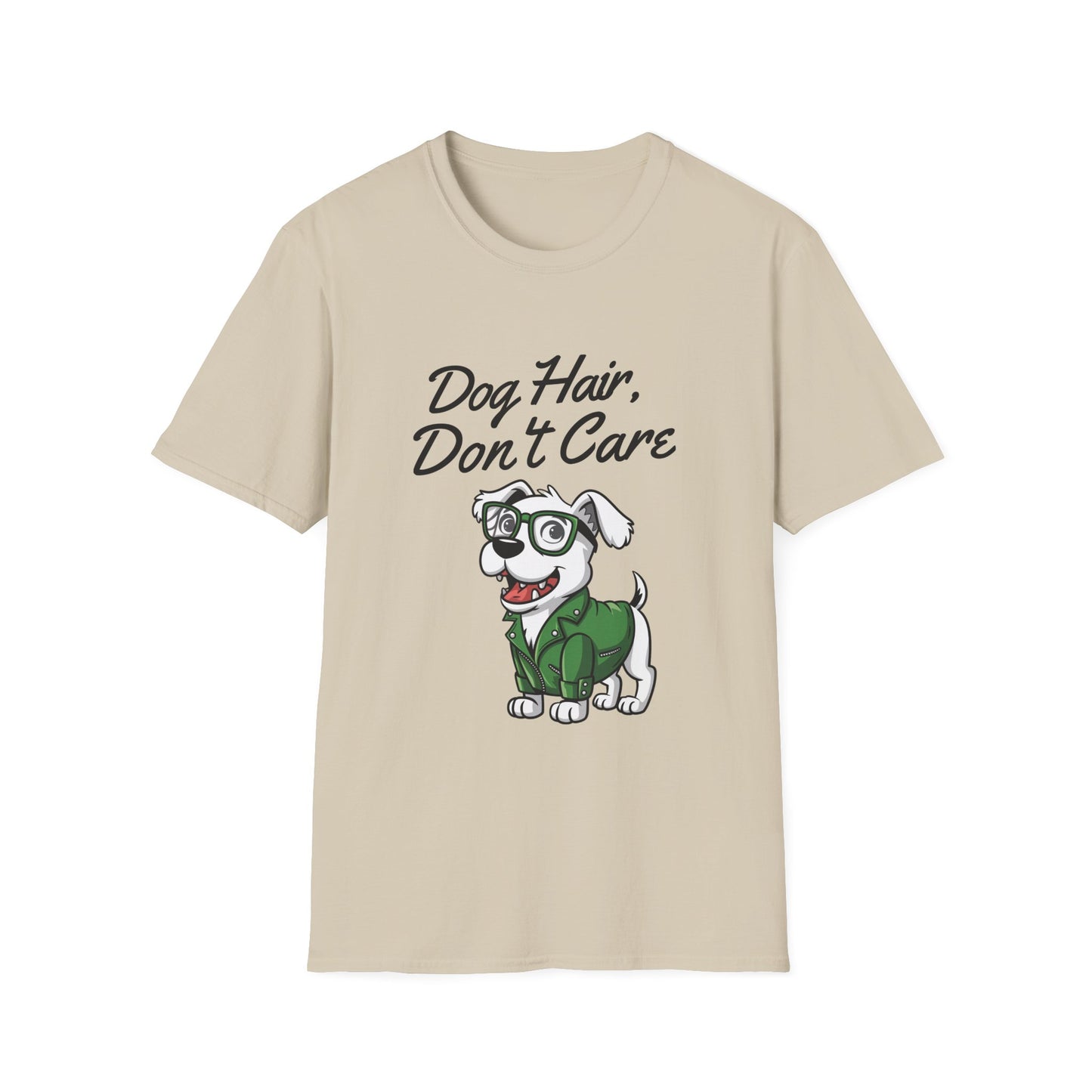 Beige t-shirt with a cartoon dog and 'Dog Hair, Don't Care' text on a white background