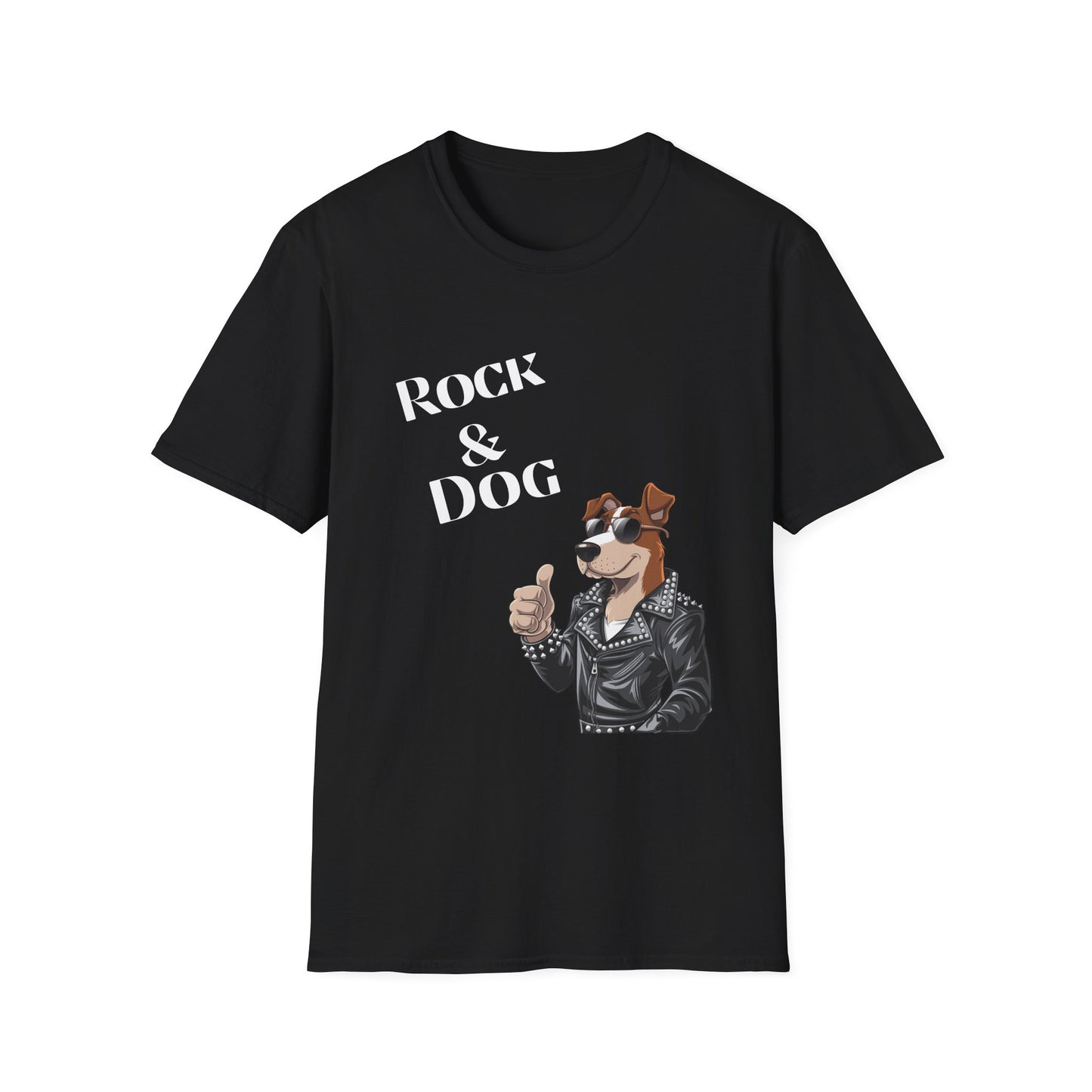 Black t-shirt with a graphic of a dog in a leather jacket and 'Rock & Dog' text on a white background