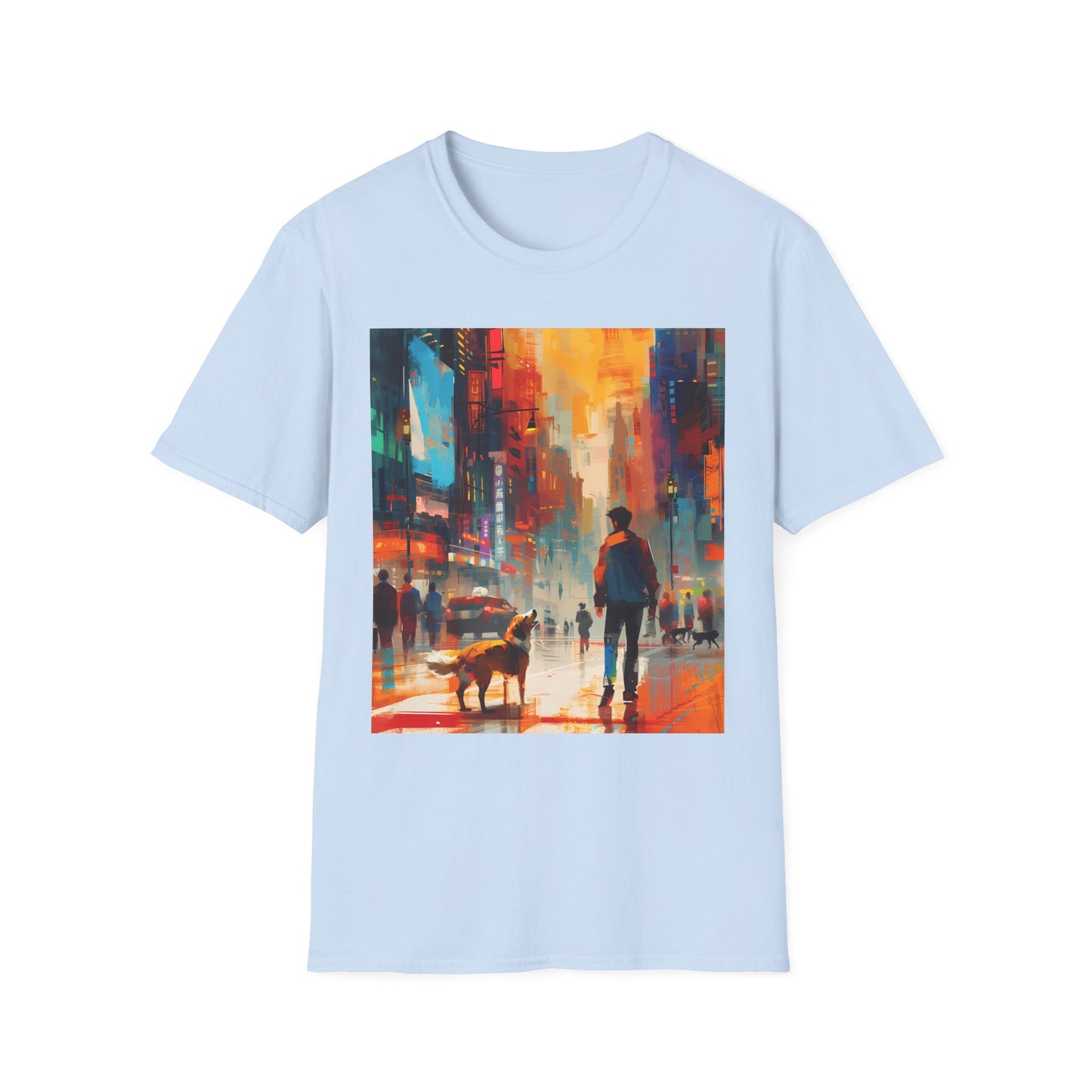 Light blue t-shirt with a colorful cityscape print featuring a person and dog.