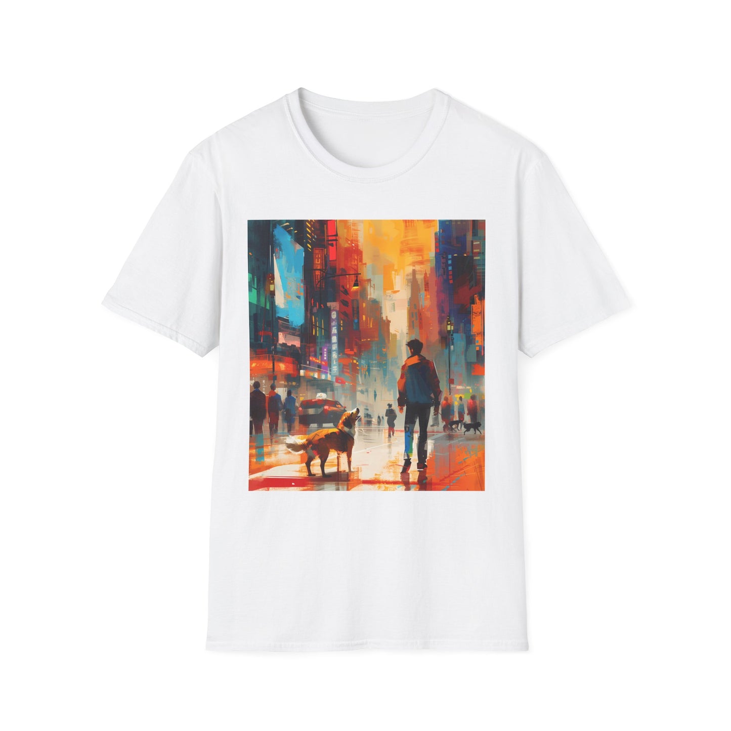 White t-shirt with a colorful cityscape design featuring a person and dog on a street.