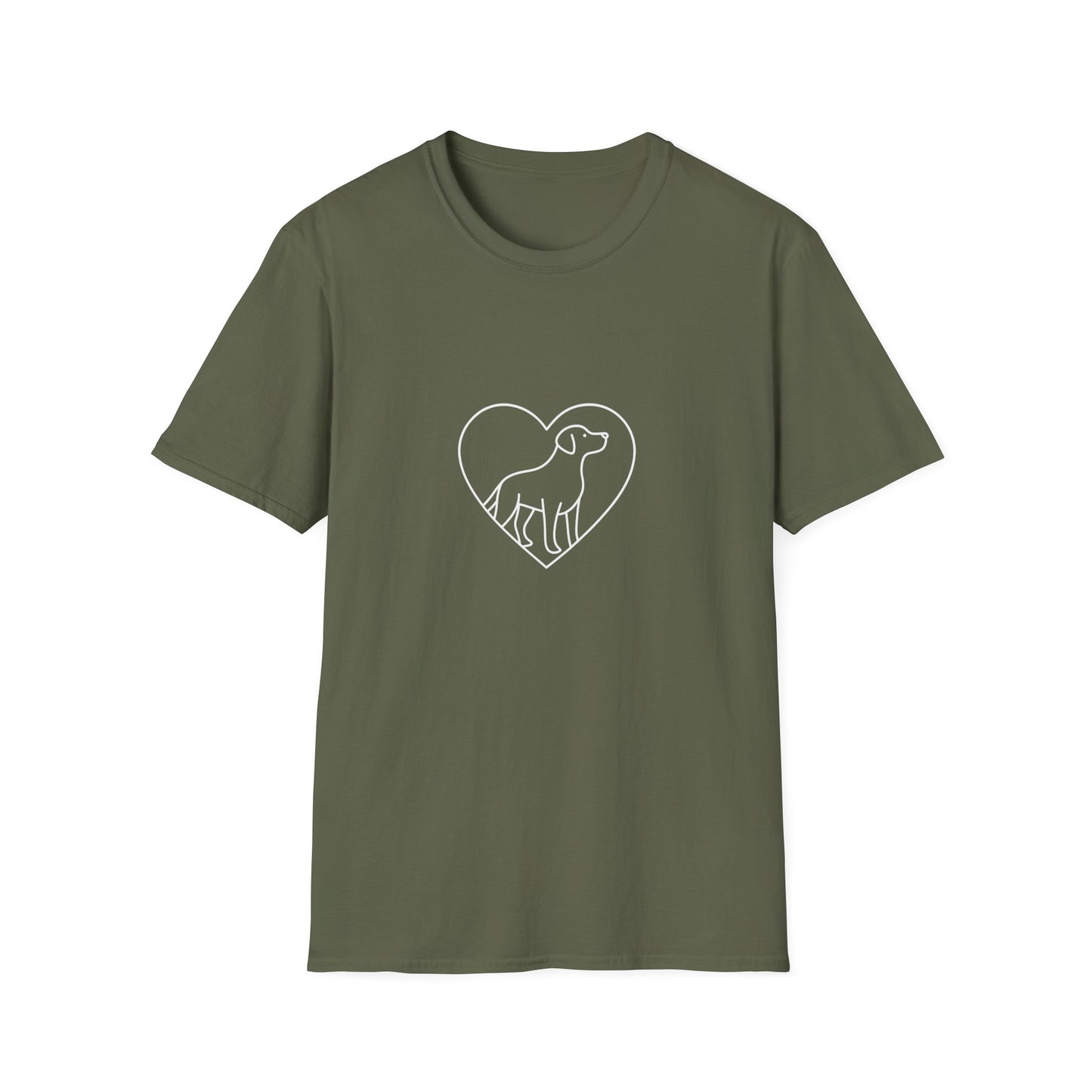 Green t-shirt with a heart-shaped dog design on a white background