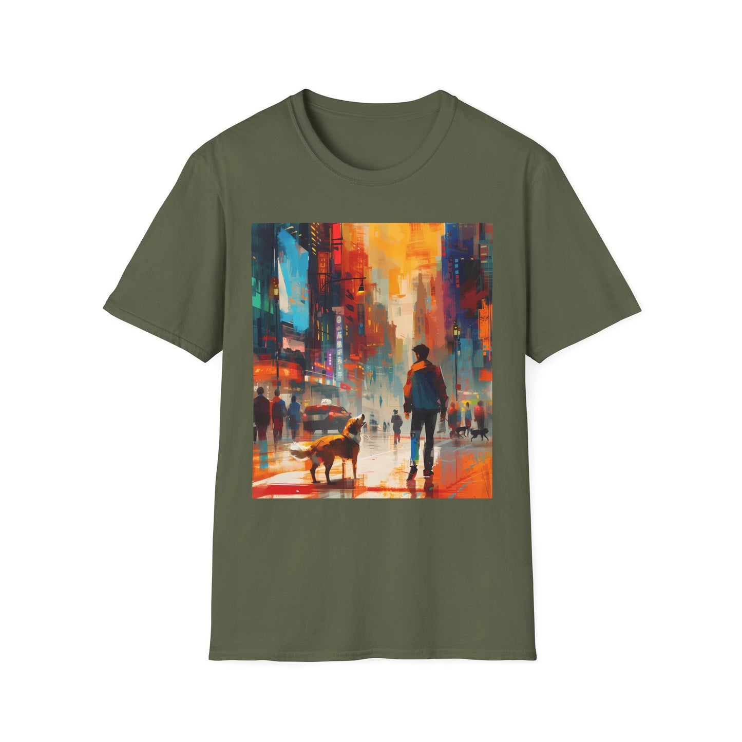 Green t-shirt with a colorful cityscape design featuring a person and dog on a street.