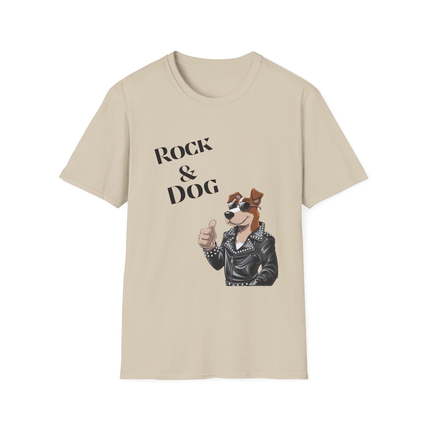 Beige t-shirt with a graphic of a dog wearing a leather jacket and the text 'Rock & Dog' on a white background.