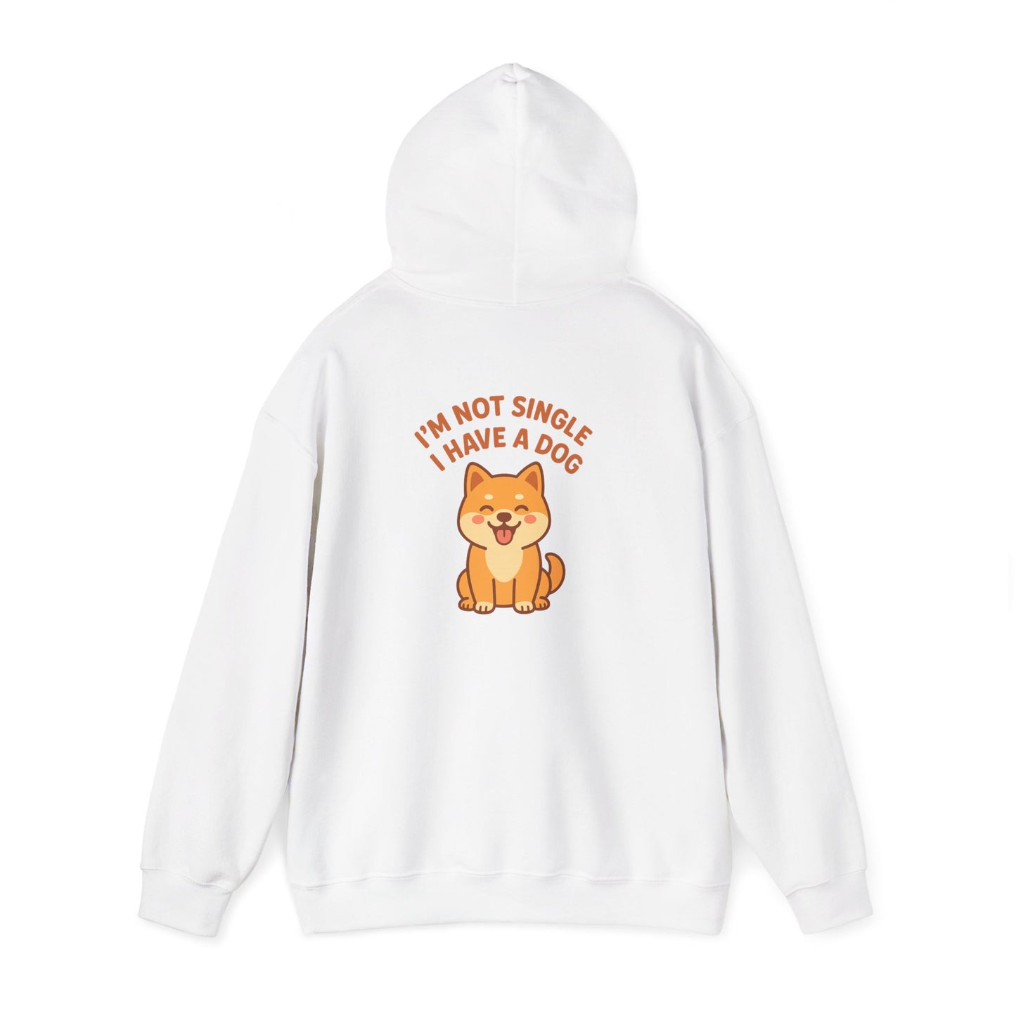 White hoodie with a dog graphic and text on the back against a white background