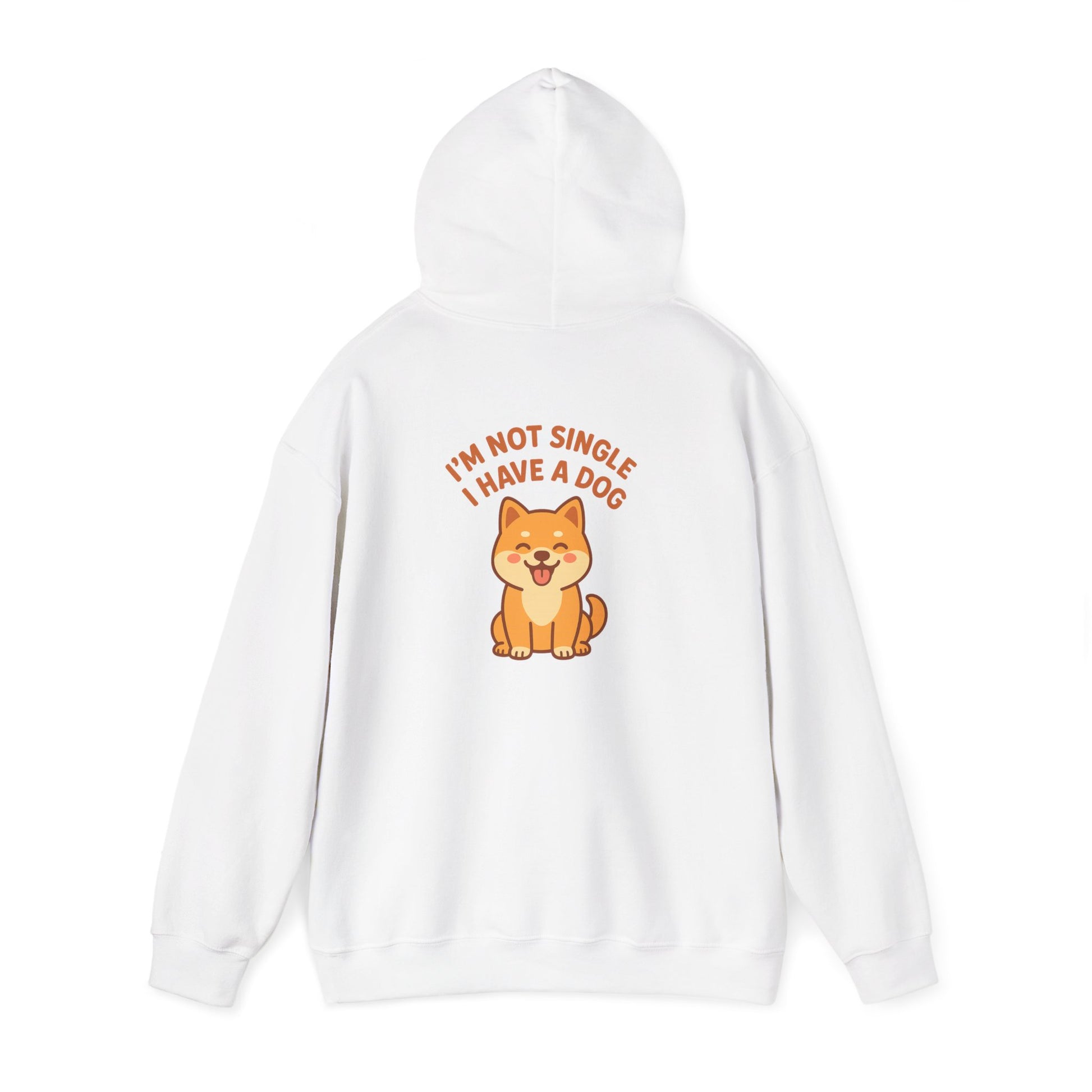 White hoodie with a dog graphic and text on the back against a white background