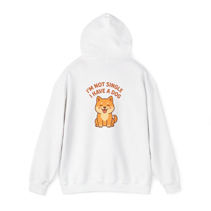 White hoodie with a dog graphic and text on the back against a white background