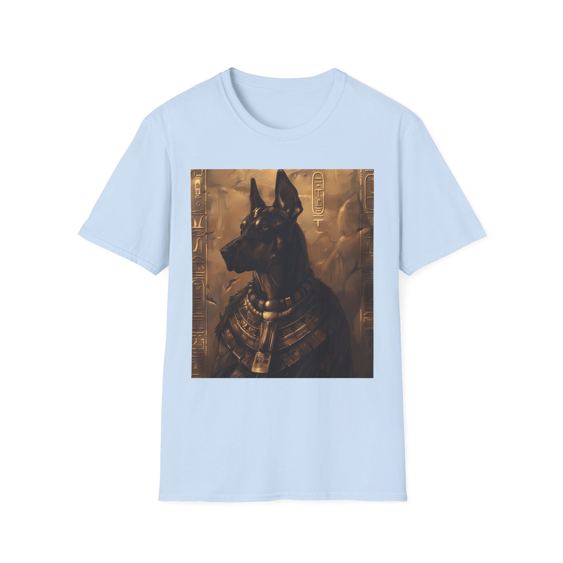 Light blue t-shirt with an Egyptian-themed graphic of a dog wearing pharaoh's attire on a white background.