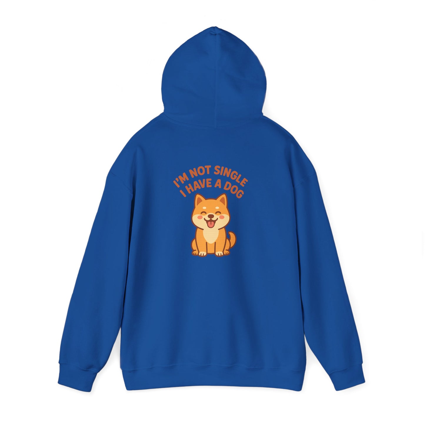 Blue hoodie with a dog graphic and text on the back against a white background