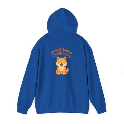 Blue hoodie with a dog graphic and text on the back against a white background