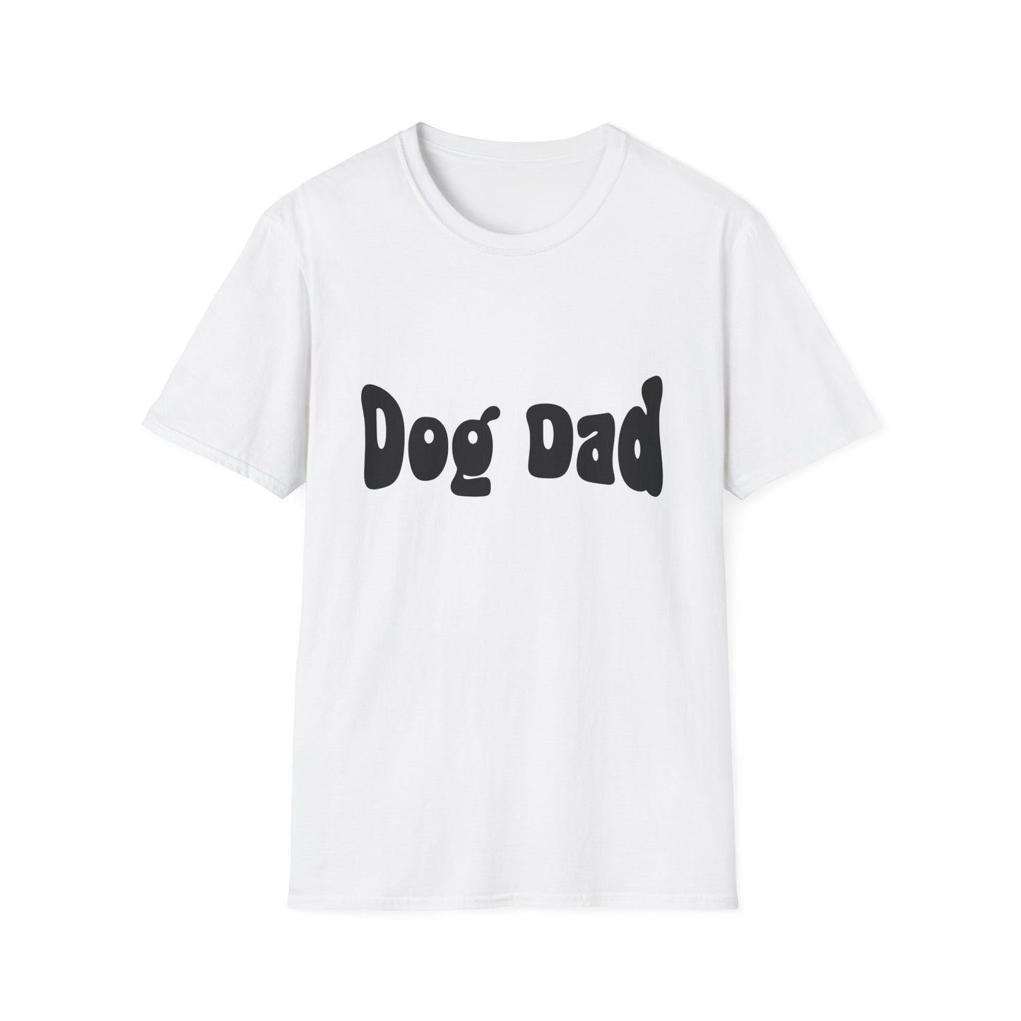 White t-shirt with 'Dog Dad' text on a white background