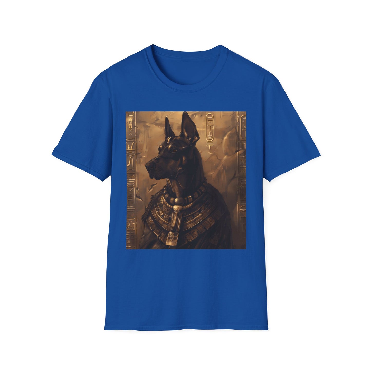 Blue t-shirt with an Egyptian-themed graphic of a dog on a white background
