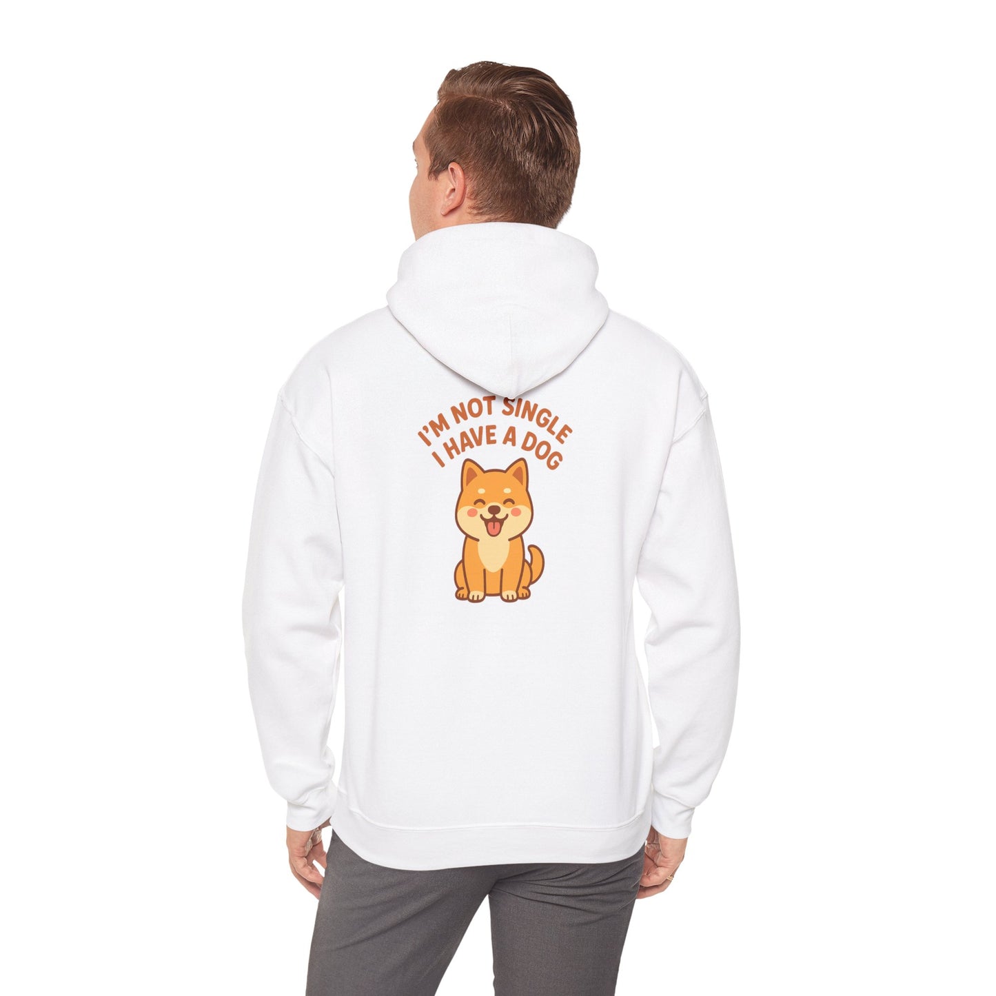Person wearing a white hoodie with a dog graphic and text on the back, on a white background